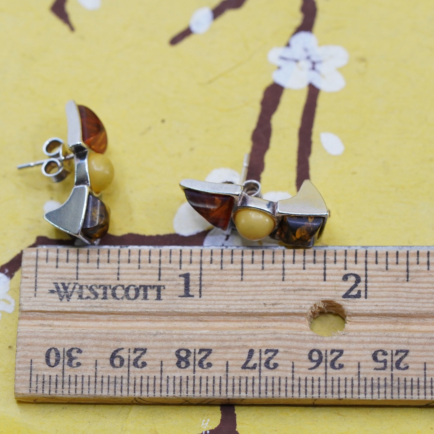 Vintage sterling 925 silver handmade studs earrings with amber inlay