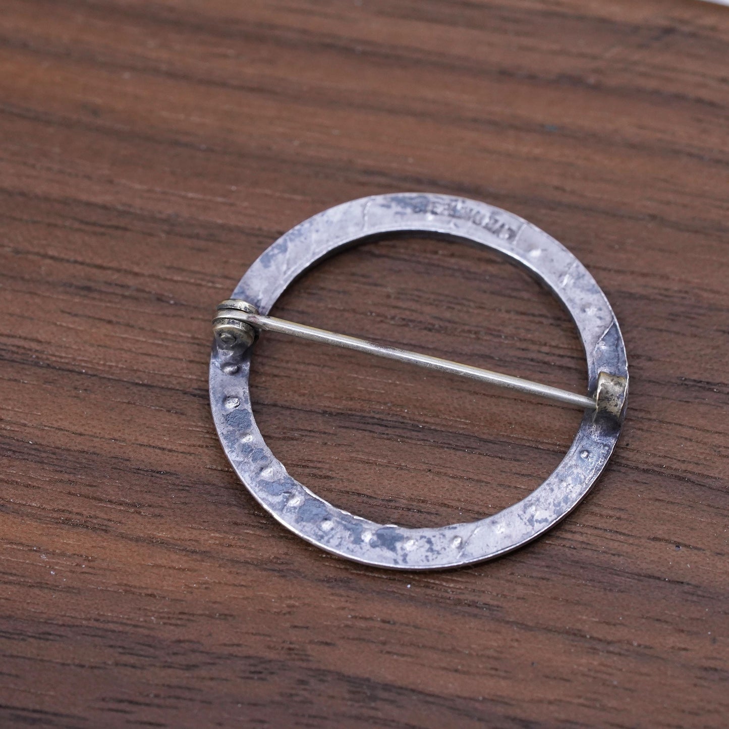 Vintage sterling 925 silver handmade circle brooch with crystal