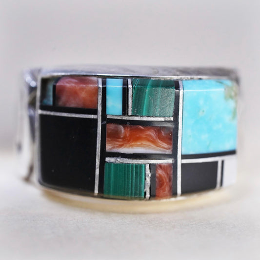 Size 8.25, Native American QT Sterling Silver Ring, Turquoise Coral Mosaic Band
