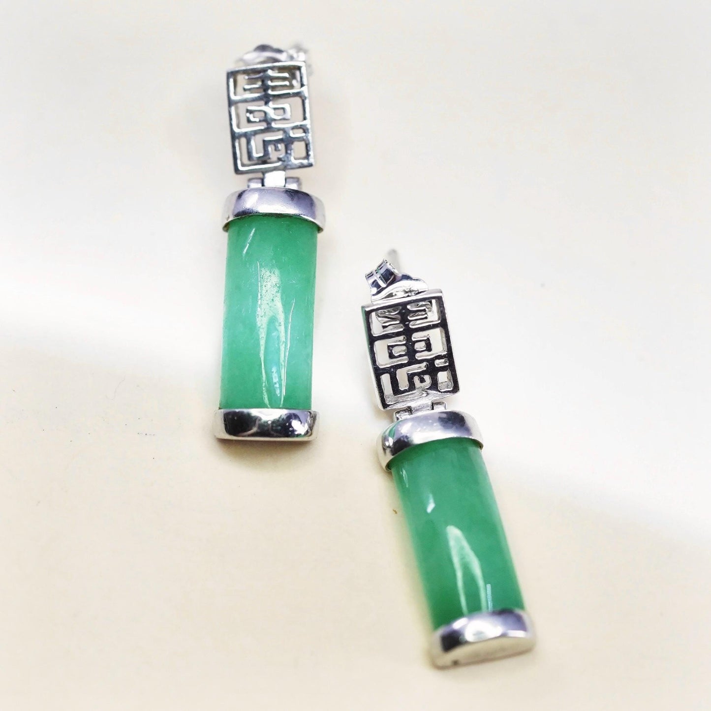 Vintage sterling silver 925 handmade with jade earrings w/ Chinese “ longevity”