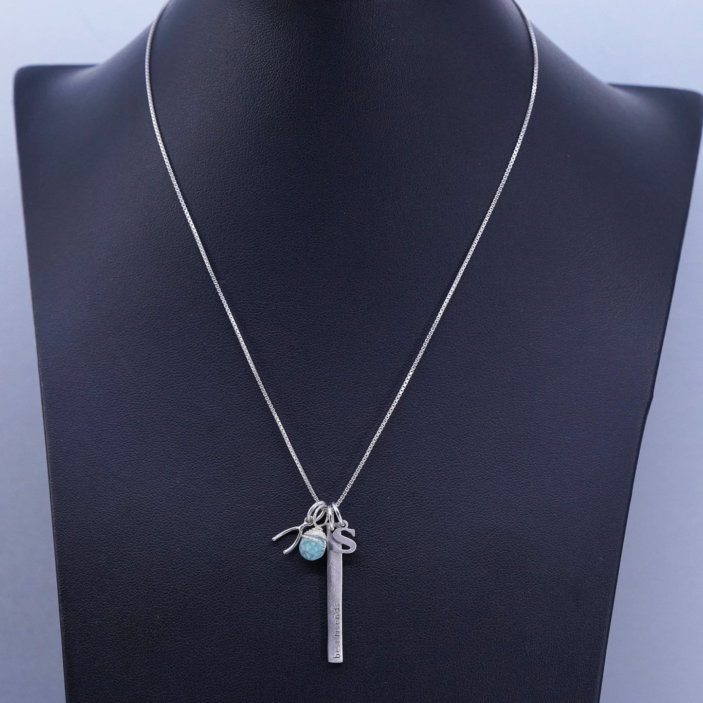 16”, Sterling 925 silver box necklace wishbone S best friends charms pendant