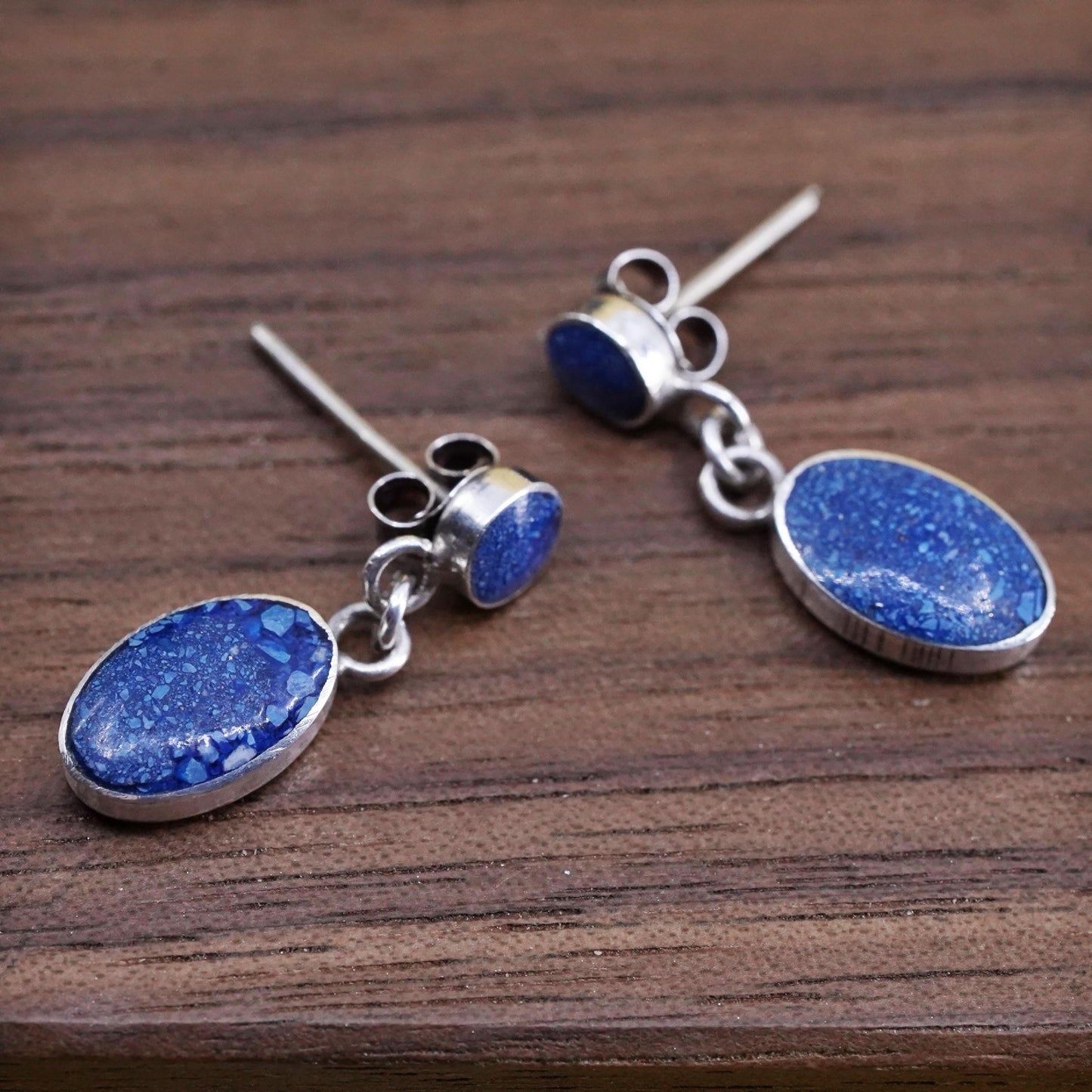 vintage Peruvian Sterling silver handmade earrings, 950 lapis lazuli dangles