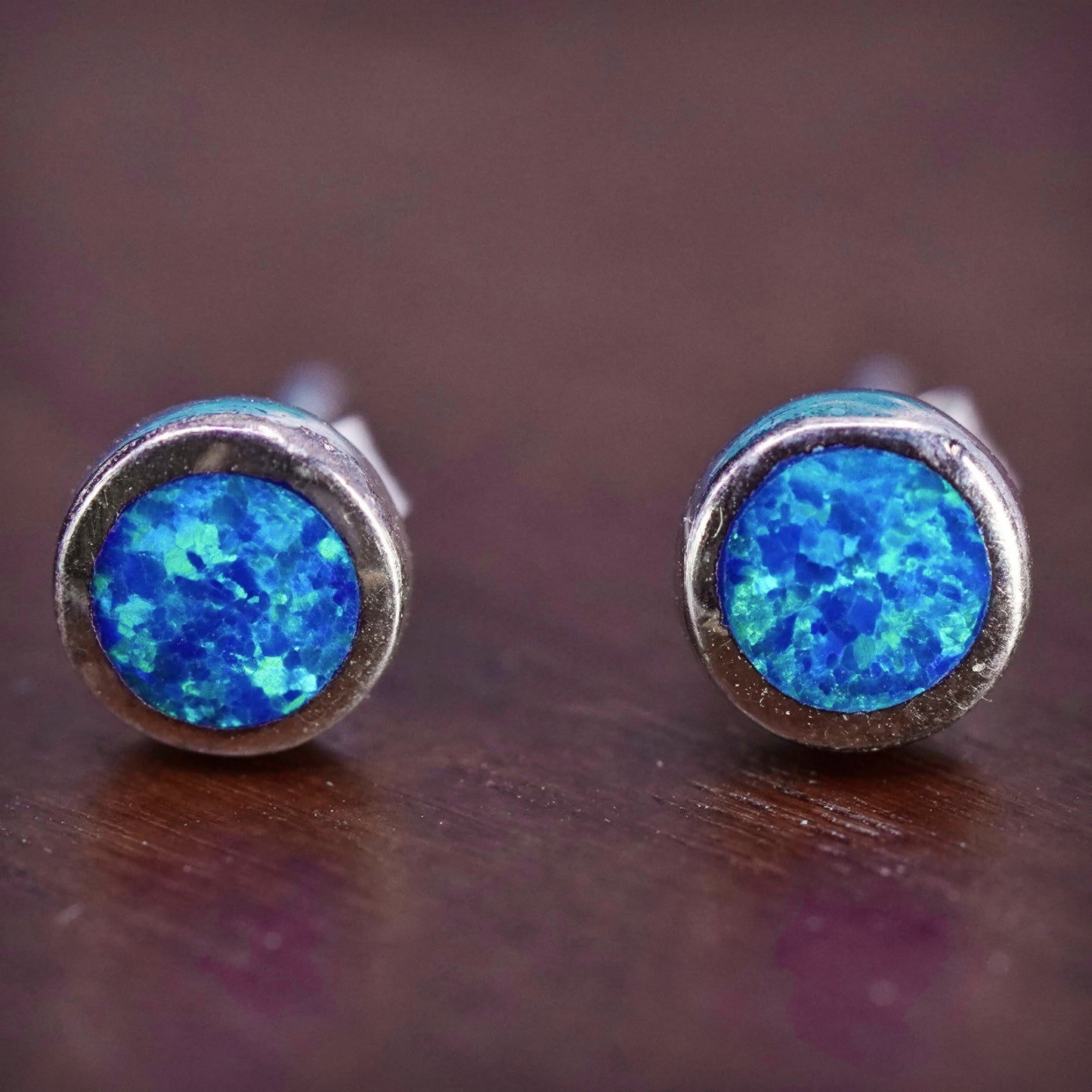 Vintage sterling silver handmade earrings, 925 round studs with opal inlay