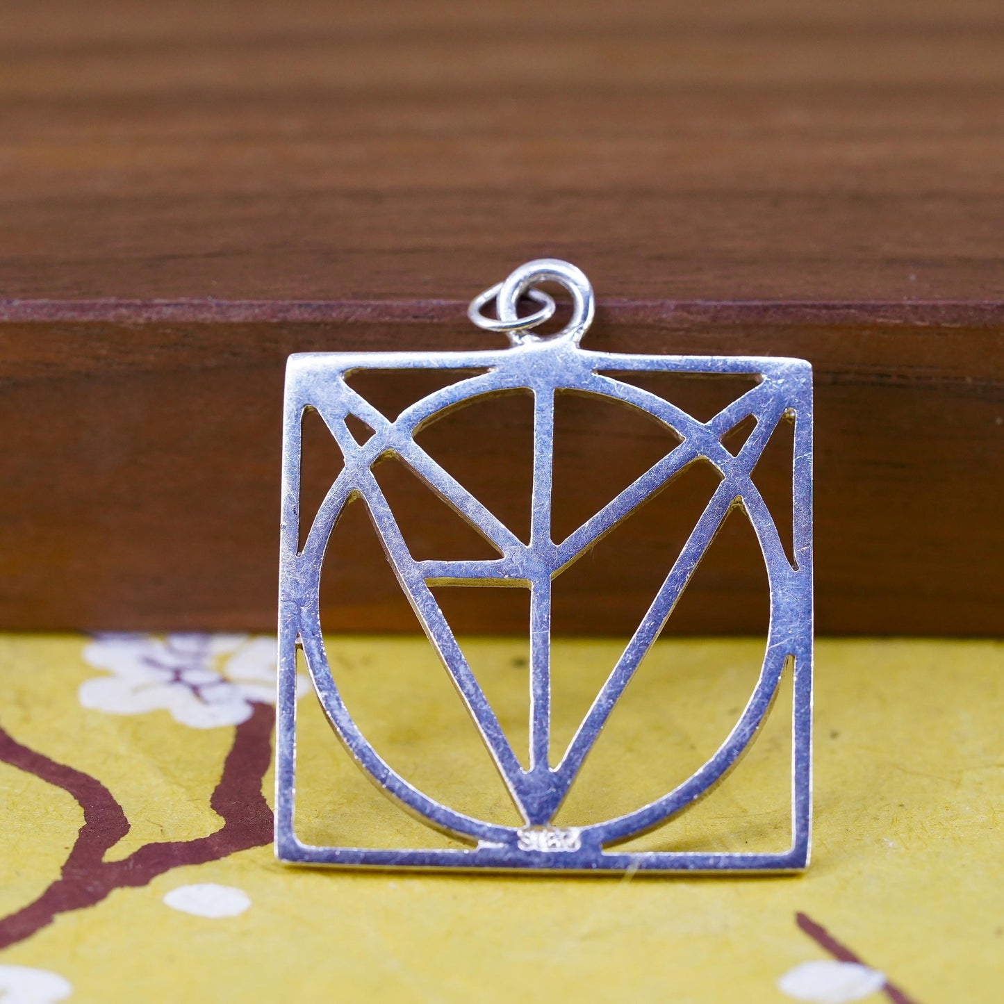 Sterling Silver Geometric Square Pendant Modernist Abstract Line, Artisan Charm
