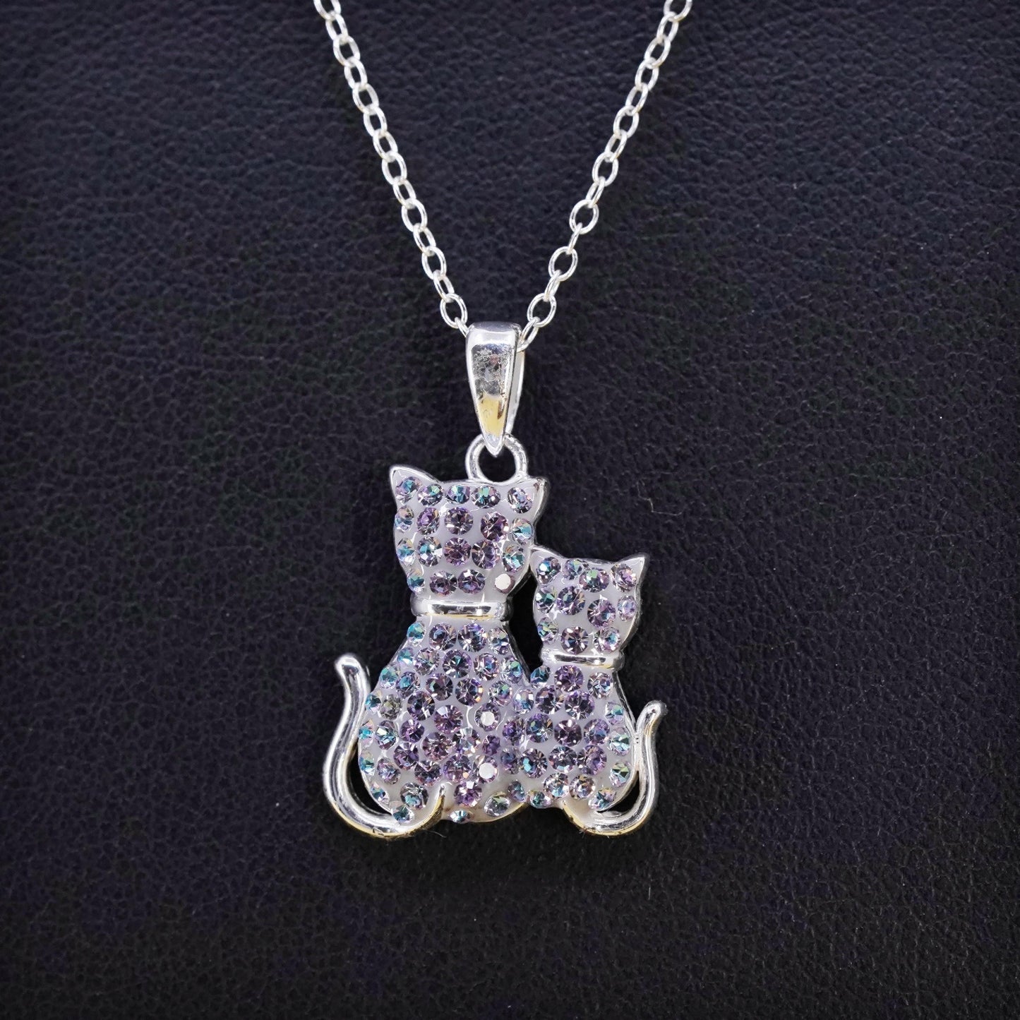 18" Sterling silver necklace motherhood, 925 cluster cz cat mother baby, kitty