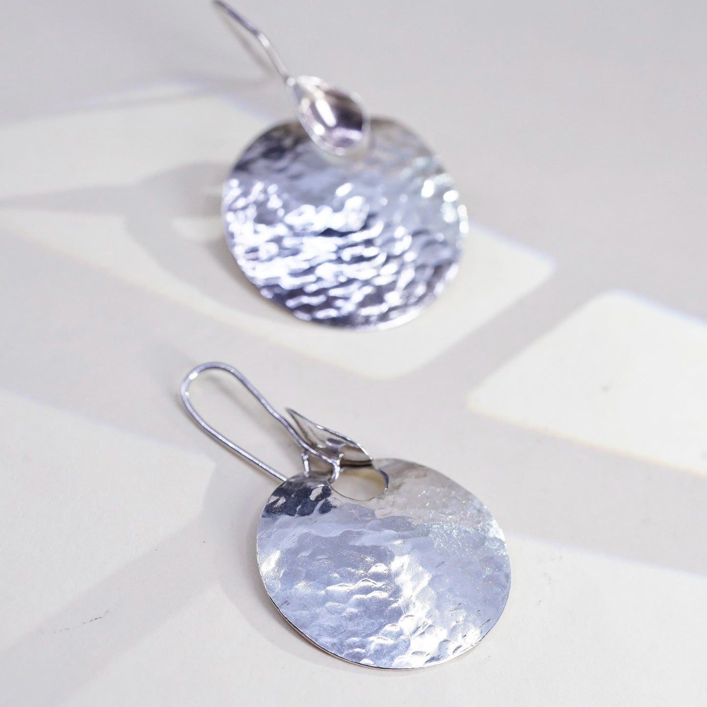Vintage sterling silver handmade earrings, 925 silver round dangles hammered