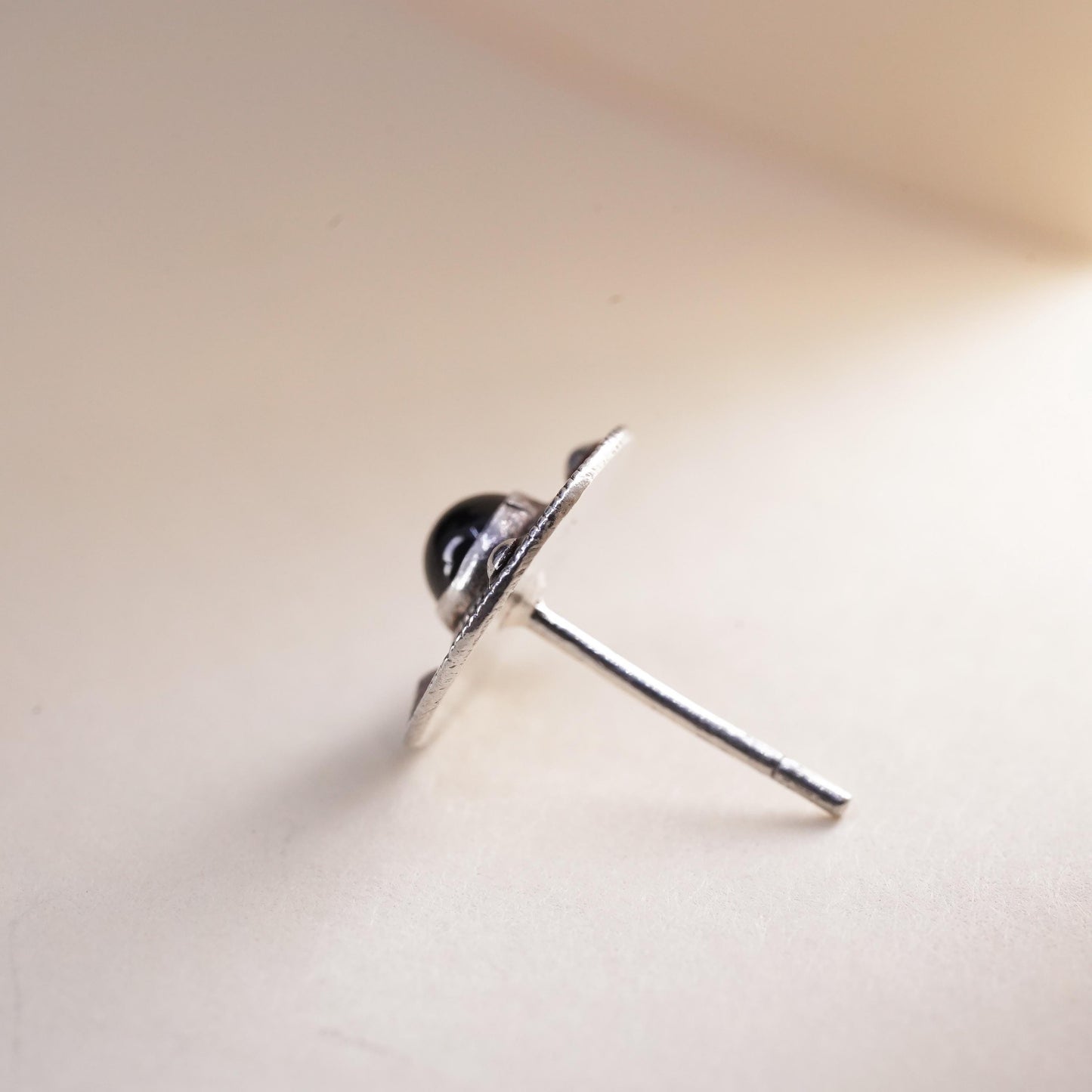 Vintage handmade single earring. Sterling 925 silver stud with garnet