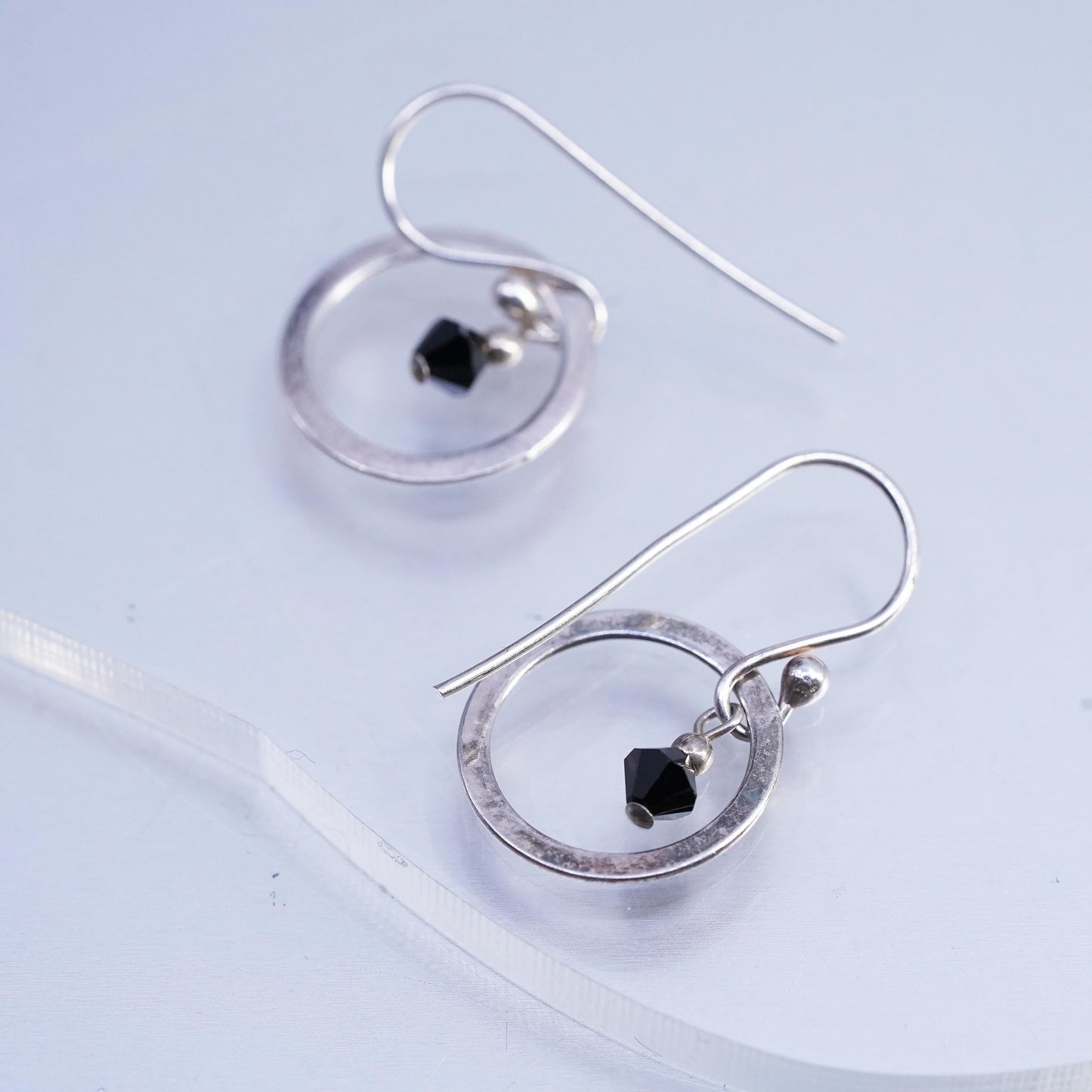 Vintage Sterling silver Handmade earrings, 925 circle with onyx bead dangles