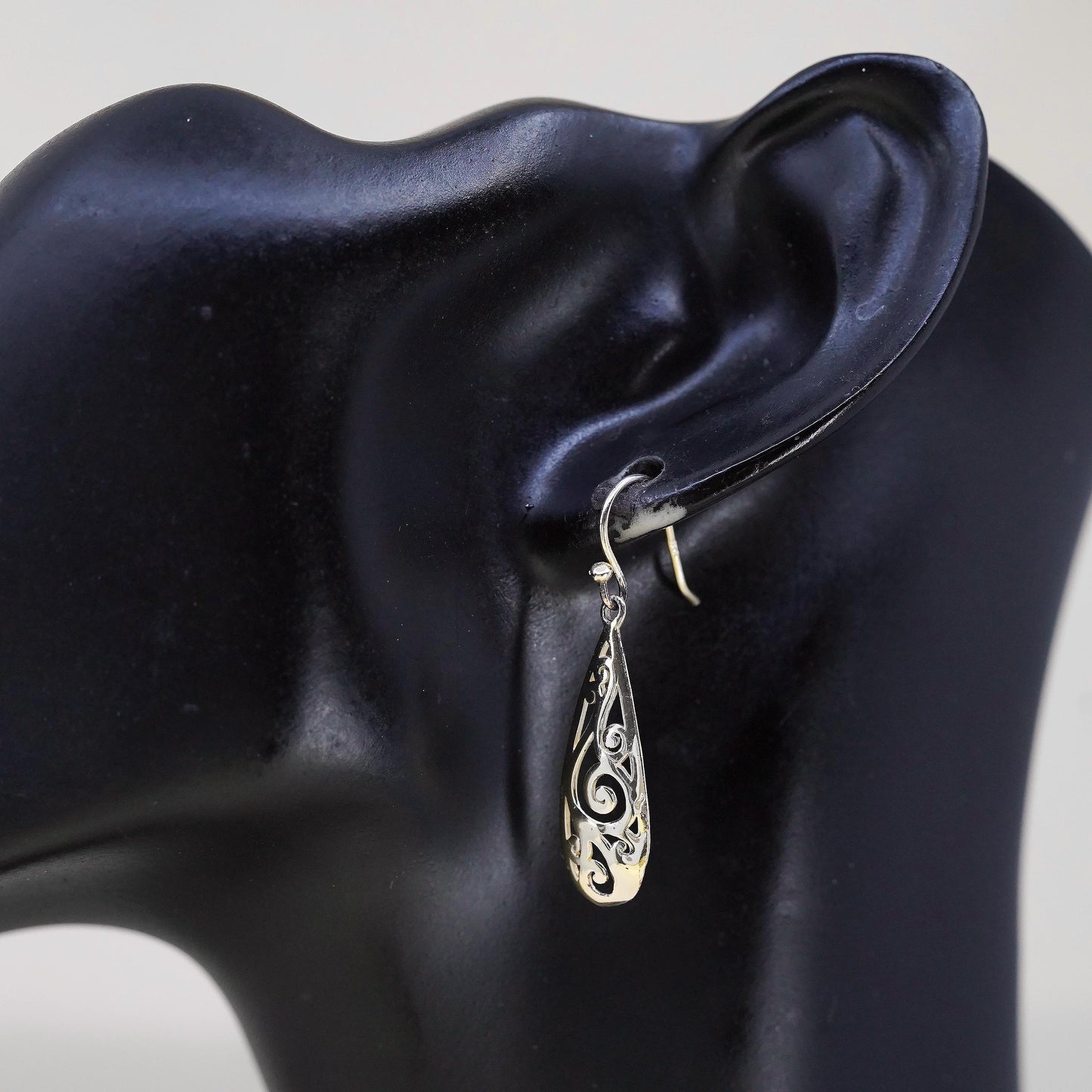 Vintage two tone sterling silver handmade earrings, 925 filigree teardrops