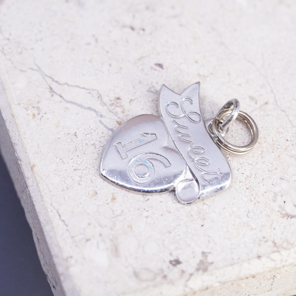 Vintage Sterling silver handmade pendant, 925 tag charm embossed "sweet 16"