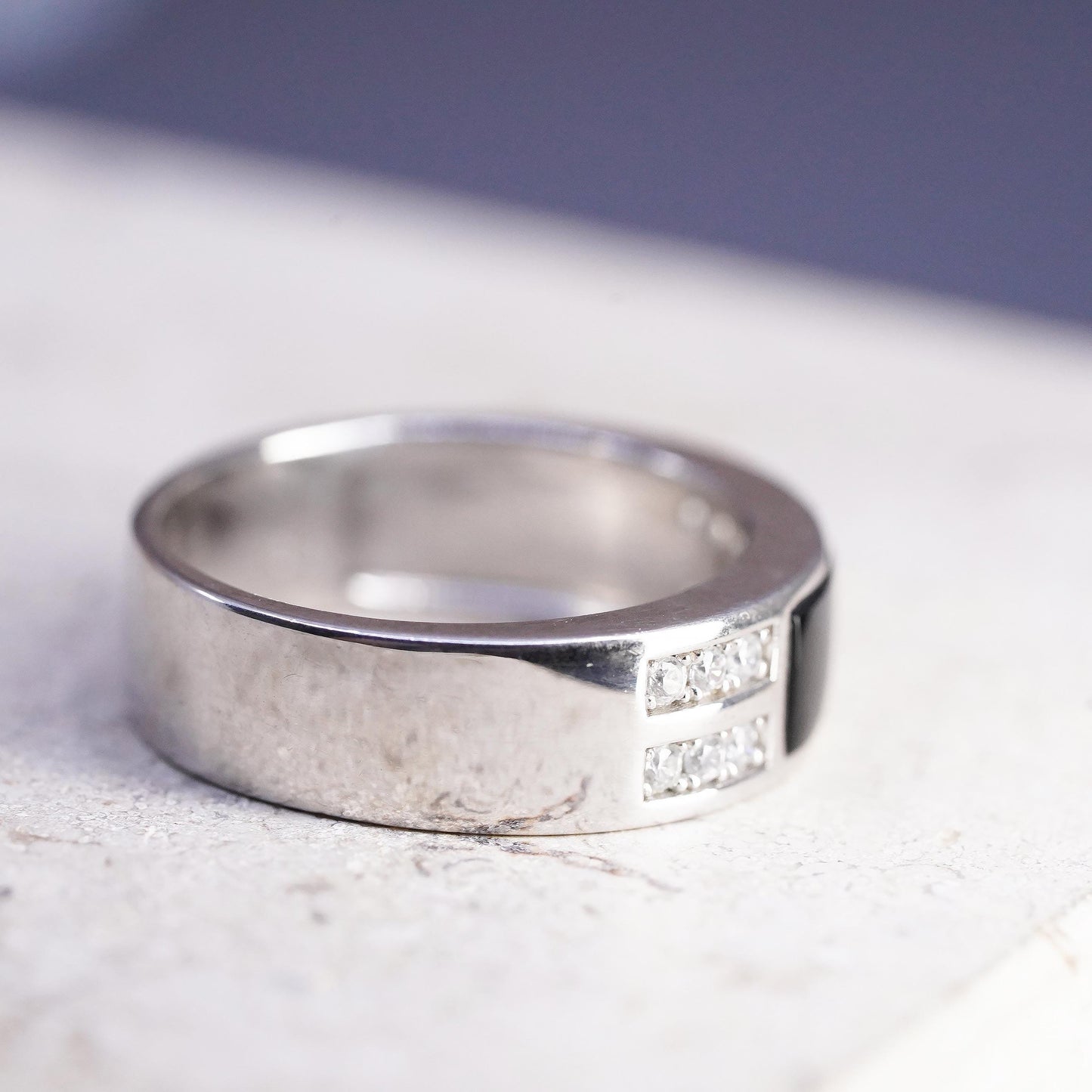 Size 8, 925 Sterling Silver Black Onyx Ring, Men’s CZ Band, Modernist Wide Ring