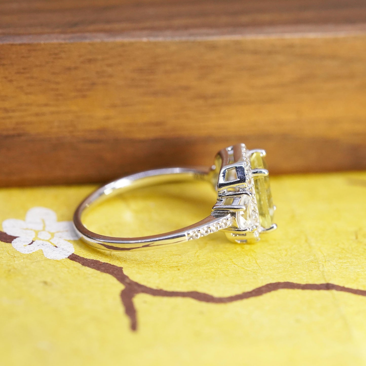 Size 9, vintage BBJ Sterling 925 silver ring with emerald cut citrine and cz