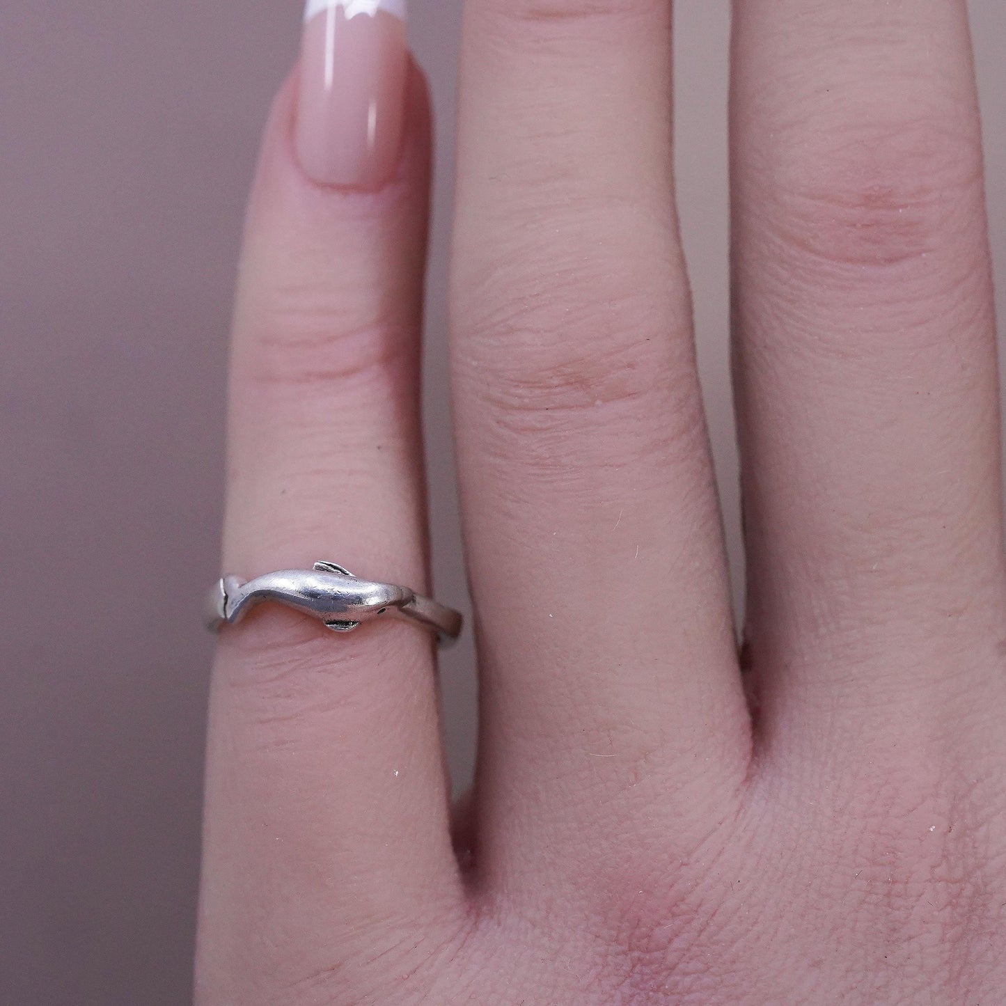 Size 2, vintage sterling silver handmade ring, 925 dolphin open band