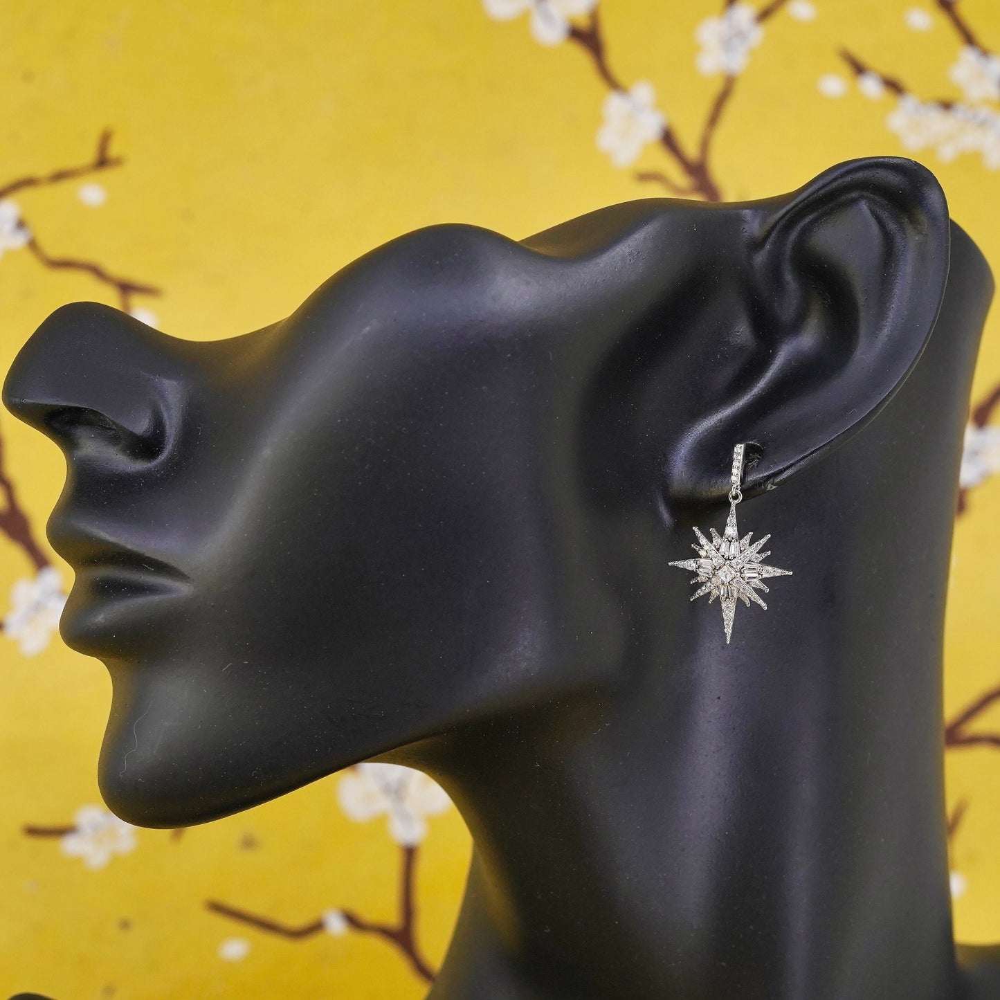 Vintage Sterling silver handmade earrings, 925 snowflake drops with cluster cz