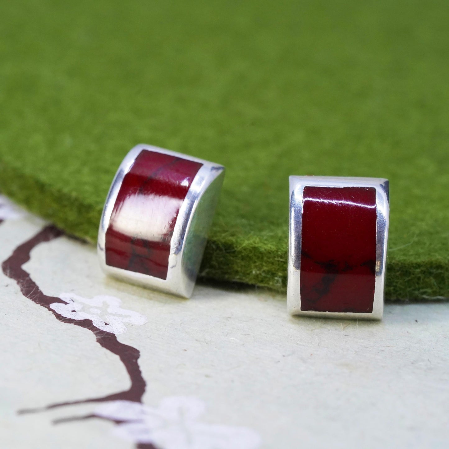 Vintage Mexican Sterling silver handmade earrings, 925 silver studs red jasper