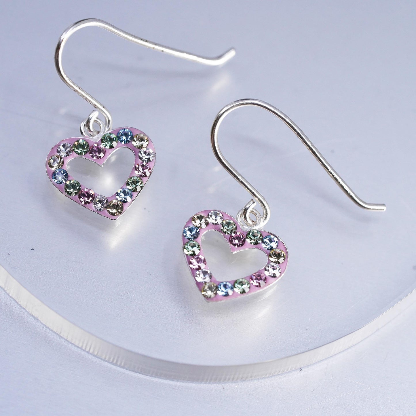 Vintage Sterling 925 silver pink heart earrings with cluster cz