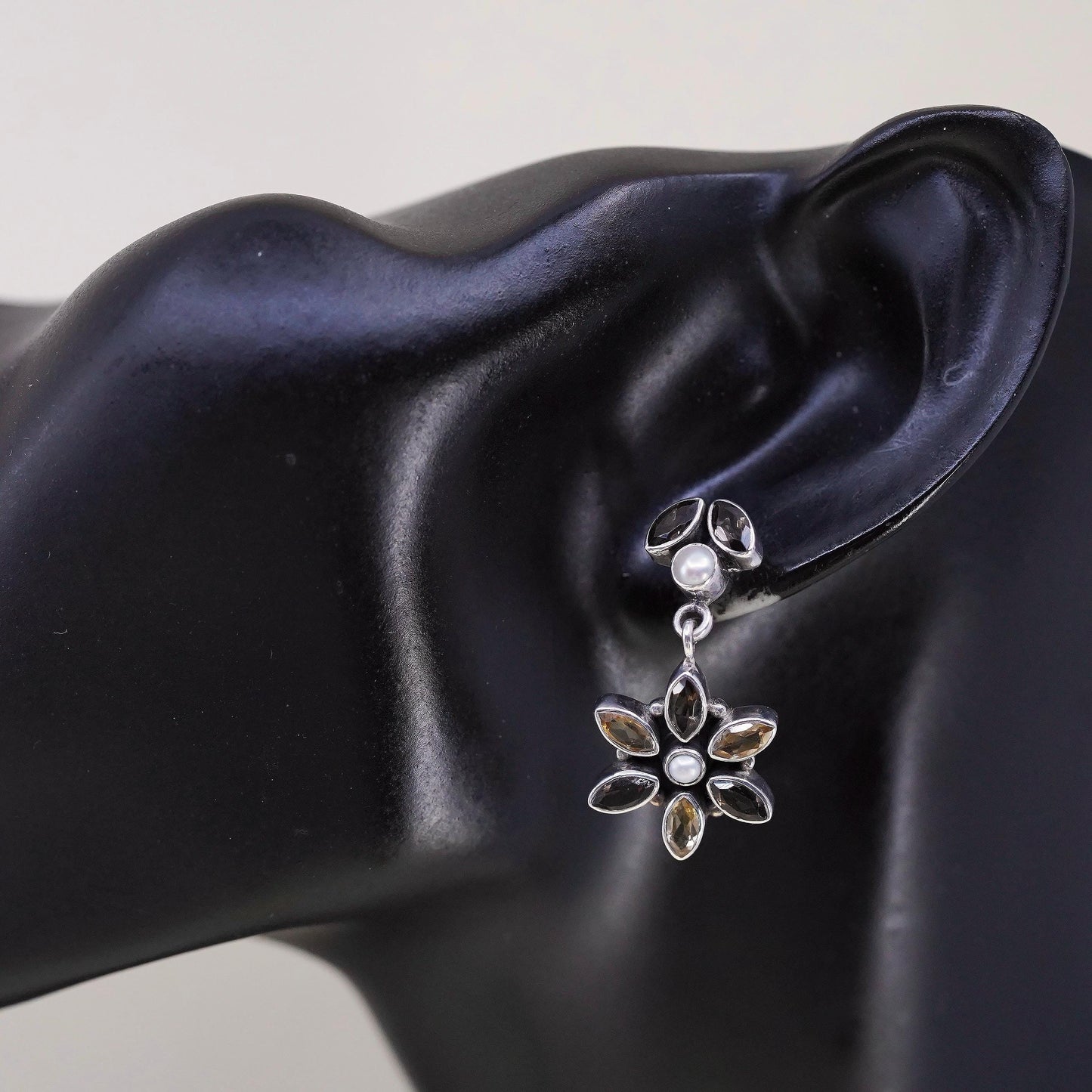 Sterling silver earrings, 925 multi gemstones flower citrine pearl smoky quartz