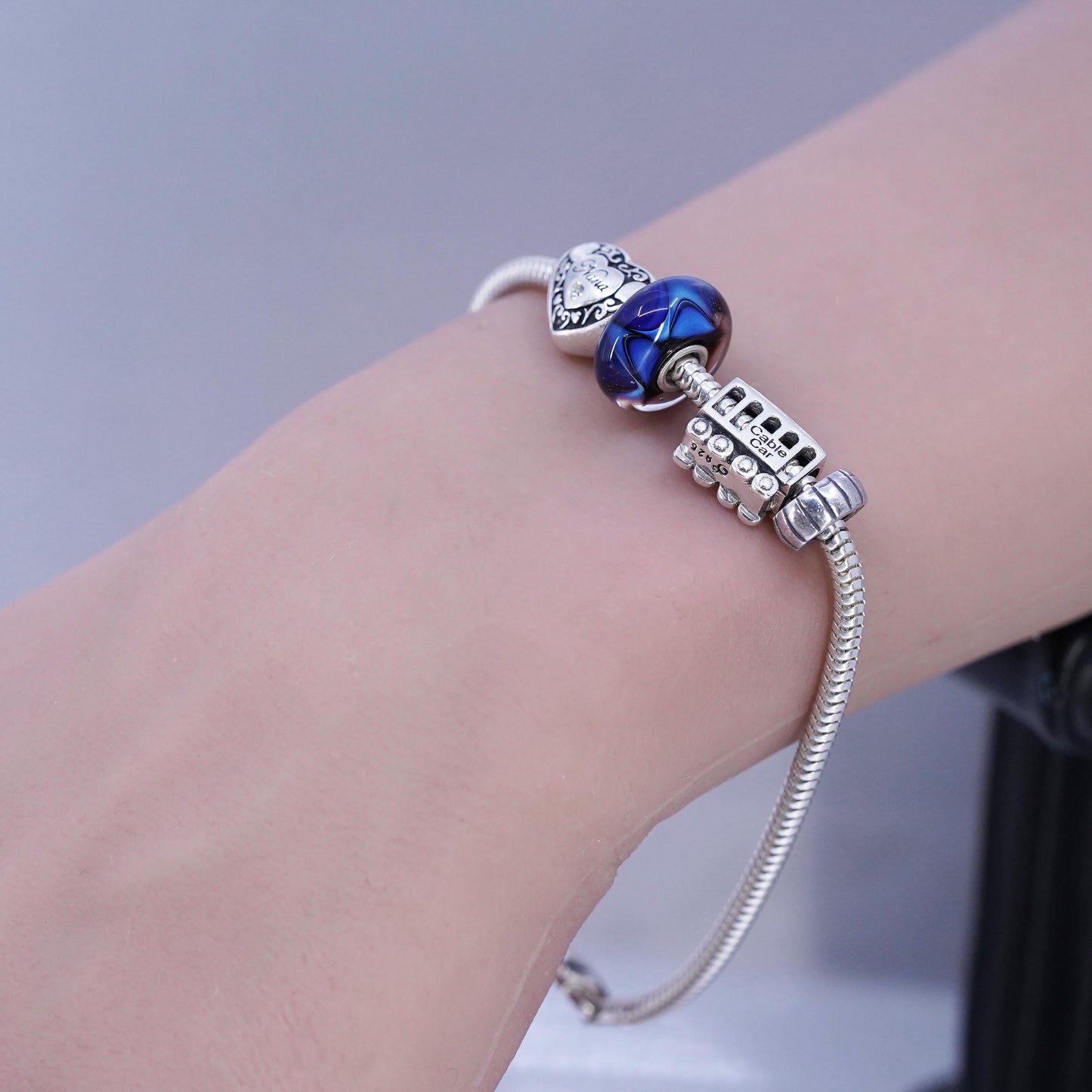 7.25", Michael Anthony Sterling 925 silver snake bracelet heart cable car charm