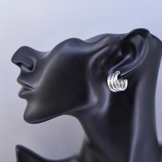 0.75”, vintage Sterling silver handmade earrings, modern 925 wide huggie studs