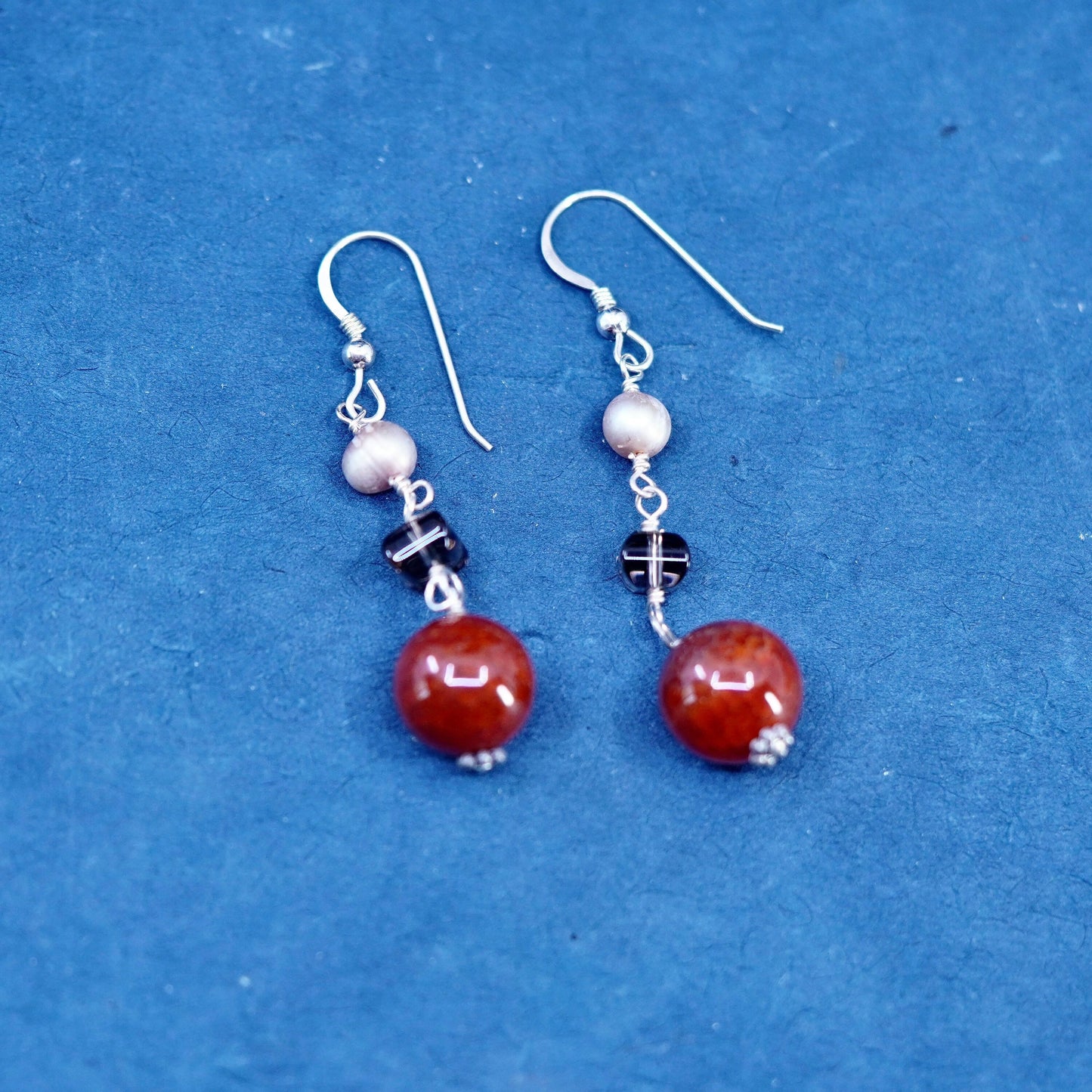 Vintage Sterling 925 silver handmade earrings with carnelian and smoky crystal