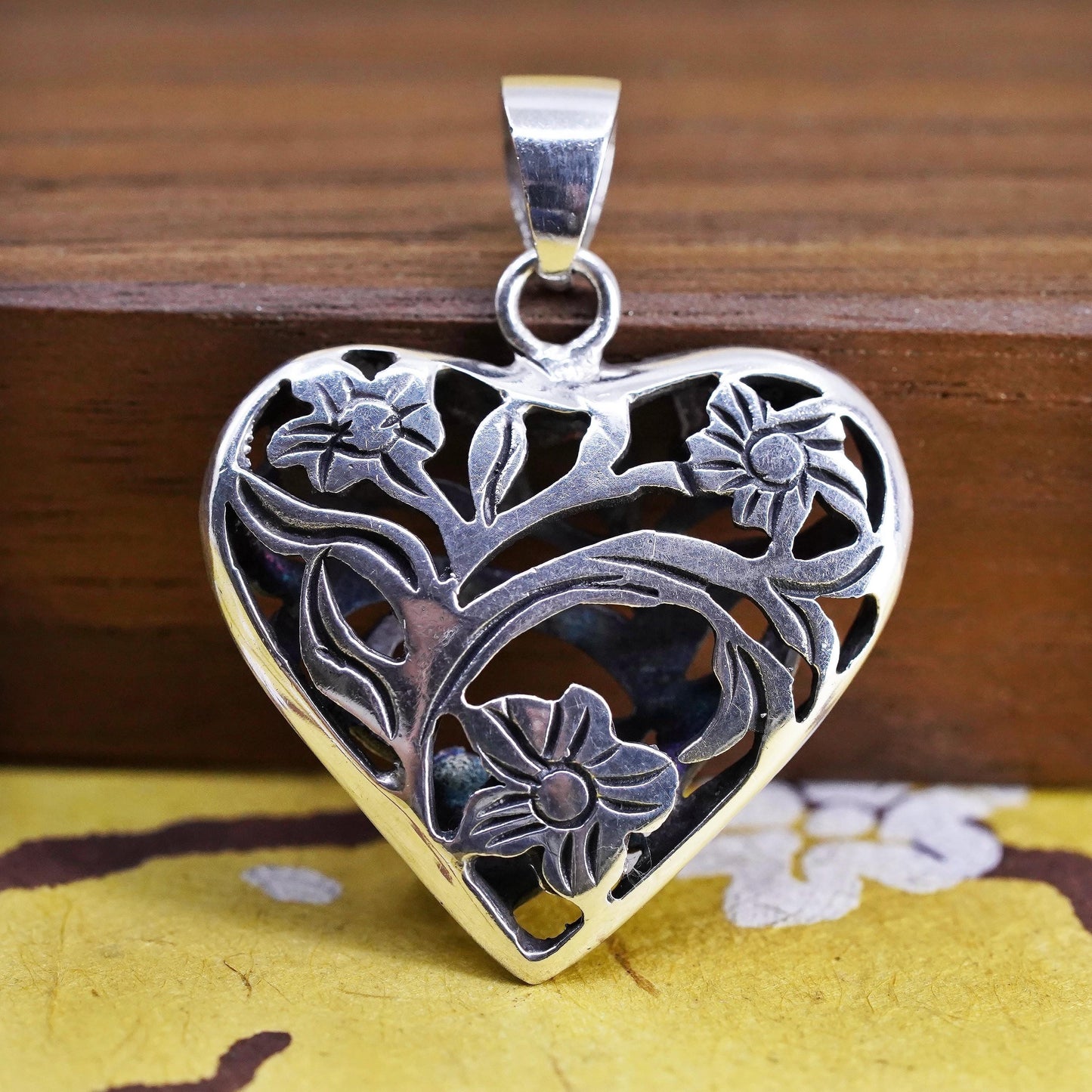 Vintage Sterling silver handmade flower pendant, puffy 925 heart charm
