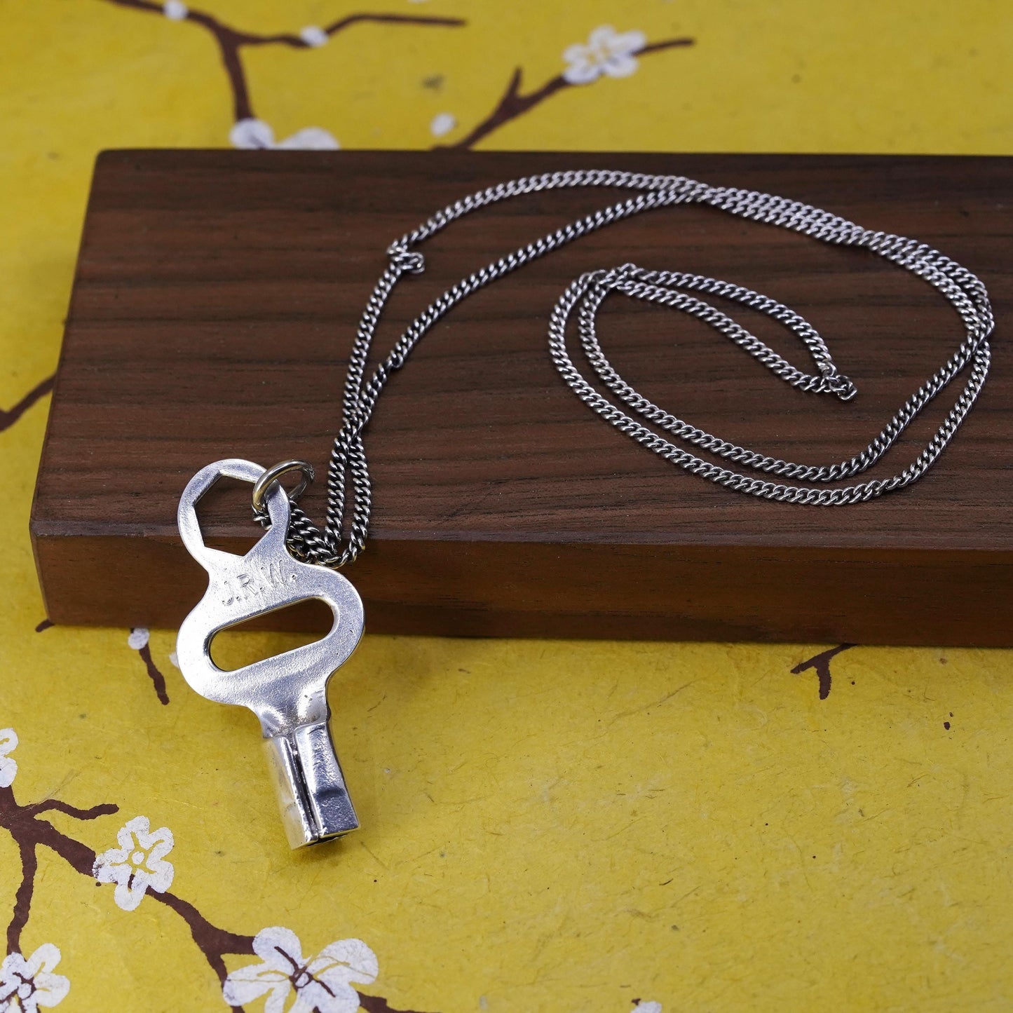 24”, Neiman MarcusSterling silver necklace, 925 chain monogram JRW key pendant