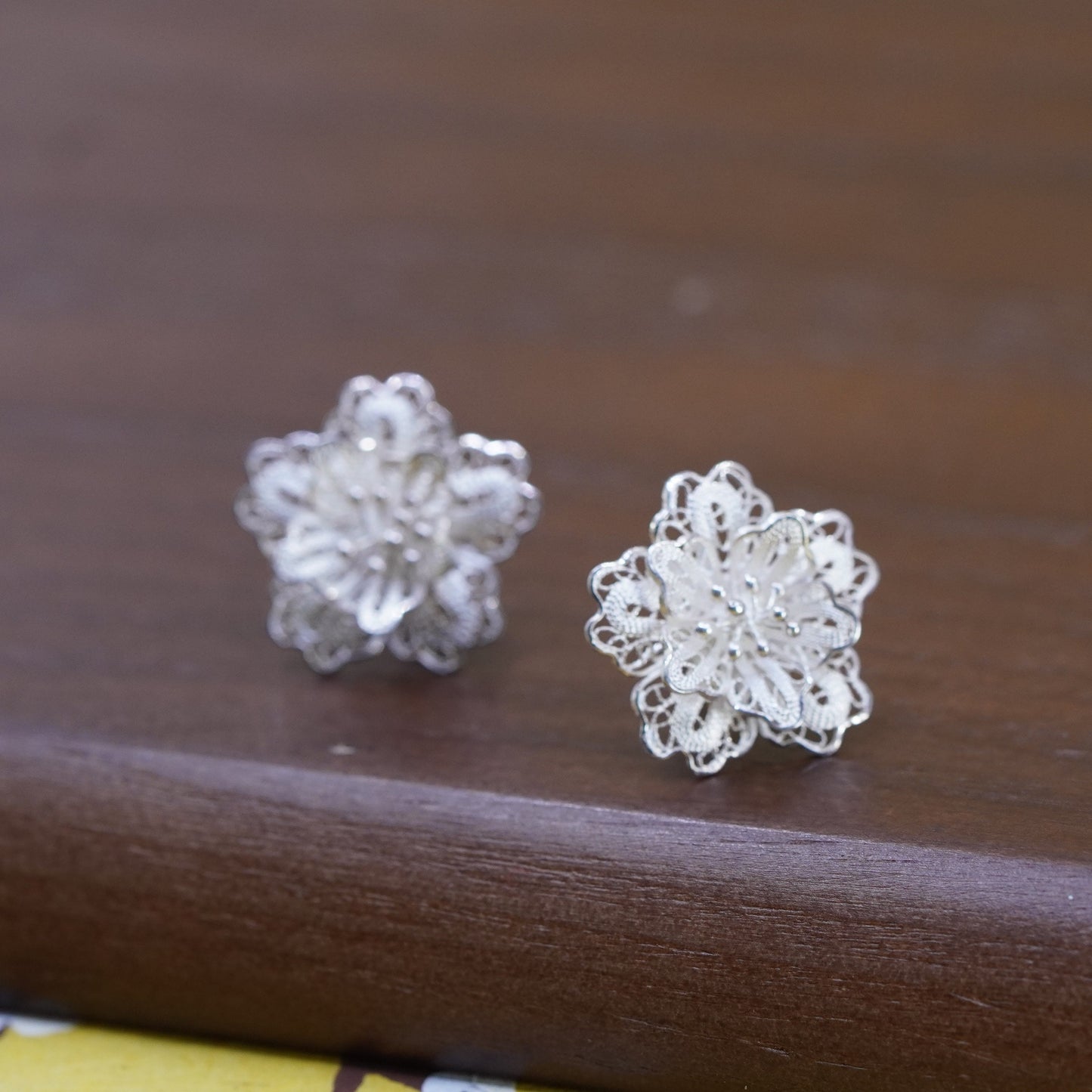 Vintage Sterling silver handmade earrings, filigree 925 heart studs