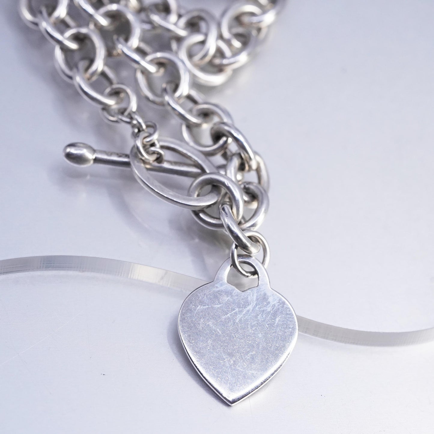 17" Thailand IBB Sterling 925 silver circle necklace heart charm toggle closure