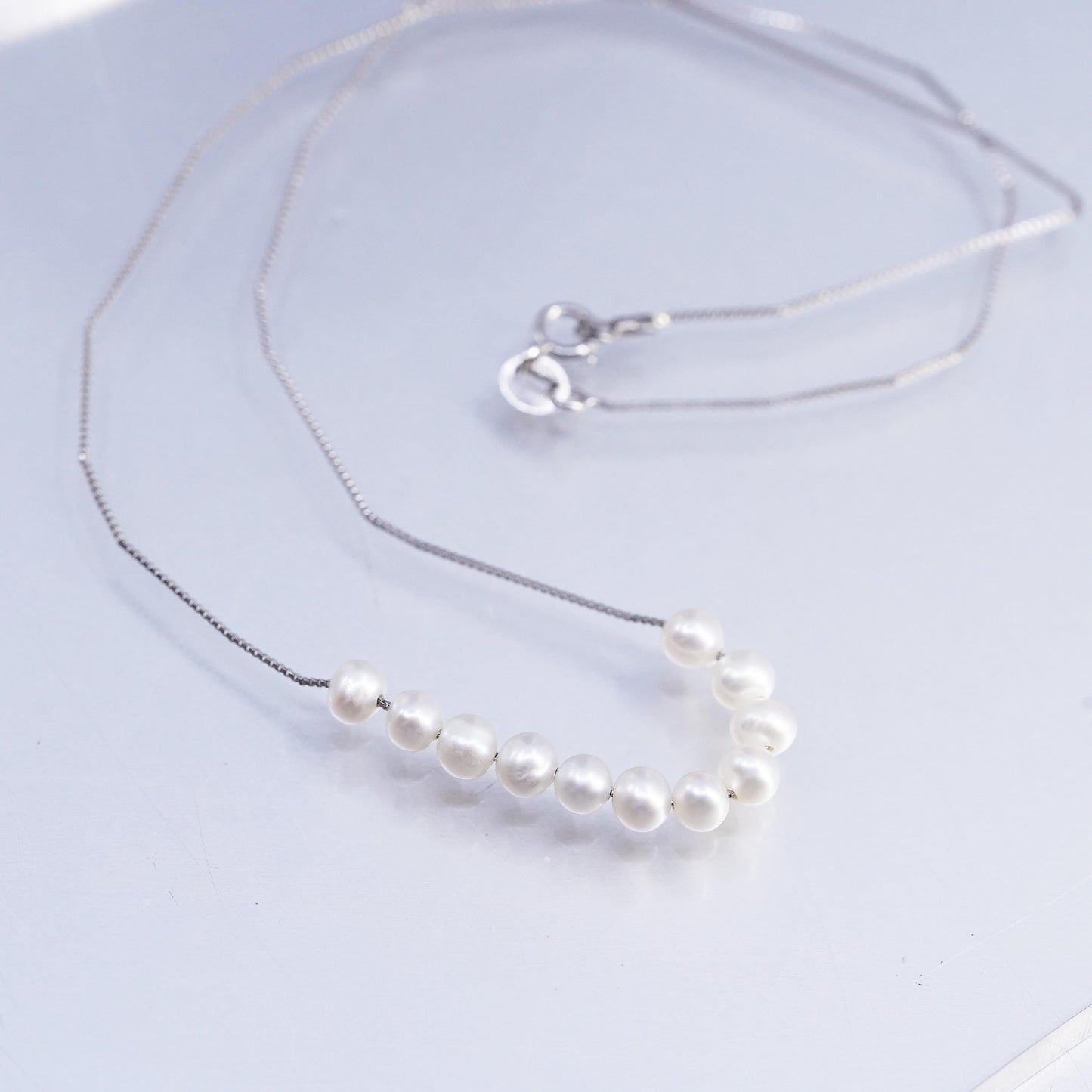 16", vintage Sterling 925 silver box chain necklace with pearl beads pendant