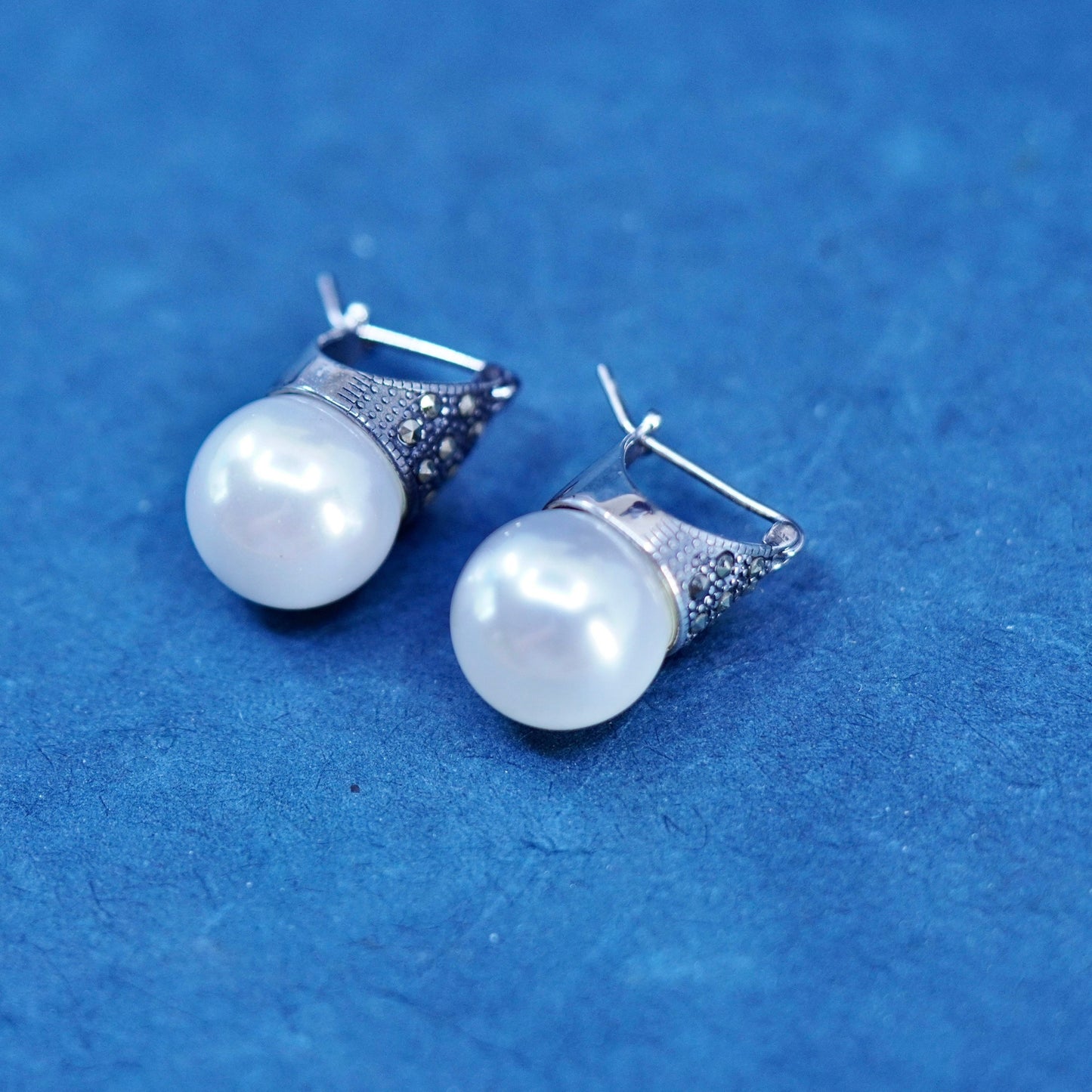 Sterling silver handmade earrings, 925 hooks, huggie w/ faux pearl and crystal