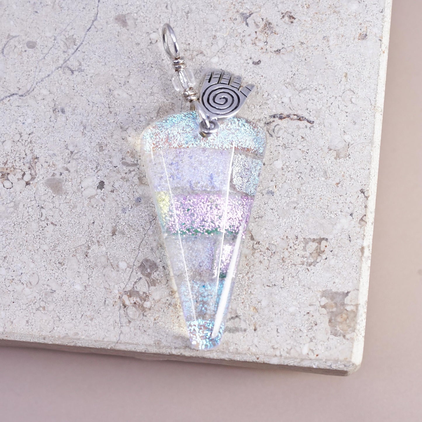 VTG sterling silver Pendant, 925 healing hand charm triangular artisan glass