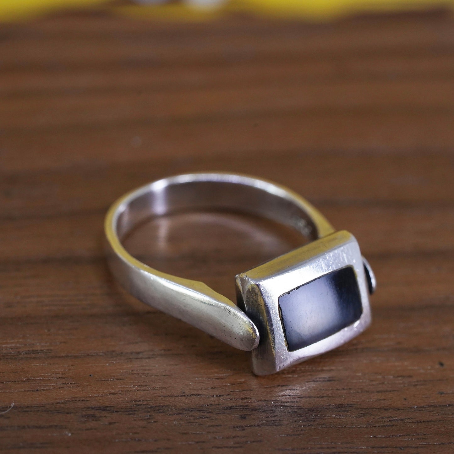 Size 7.5, Sterling silver double sided ring, 925 band with onyx mother of pearl