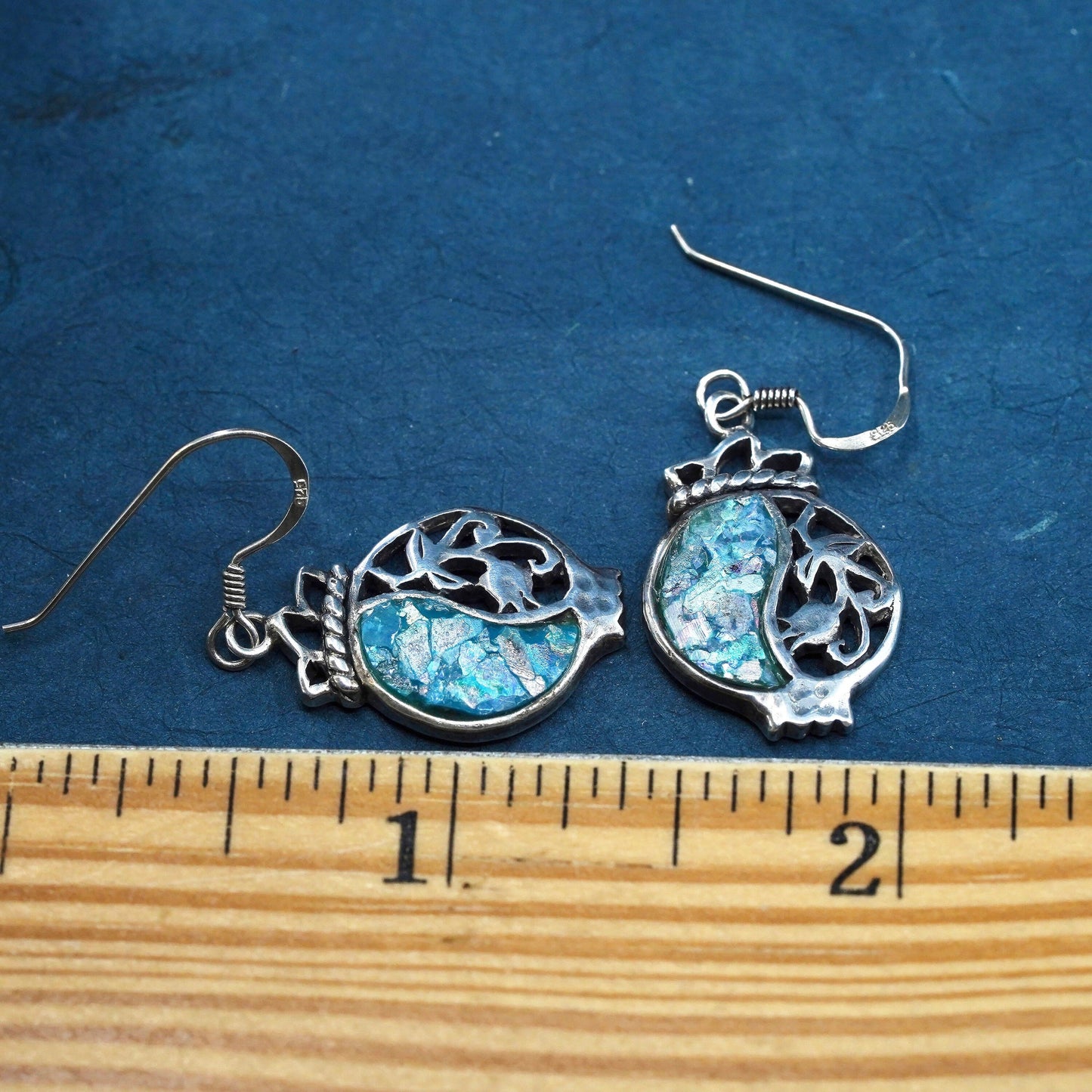 Vintage designer Sterling 925 silver handmade circle earrings with Roman glass