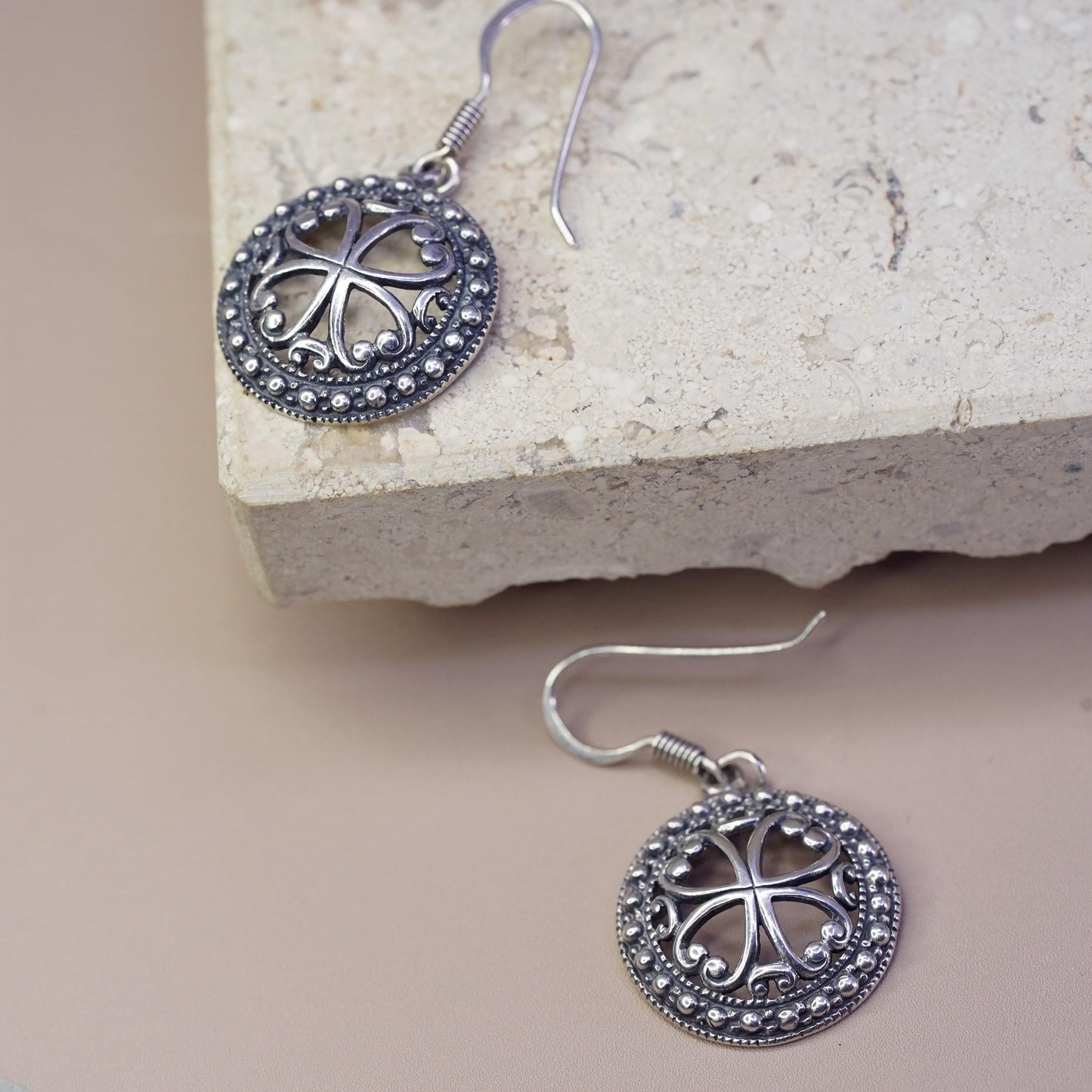Vintage Sterling silver handmade earrings, 925 filigree circle dangles