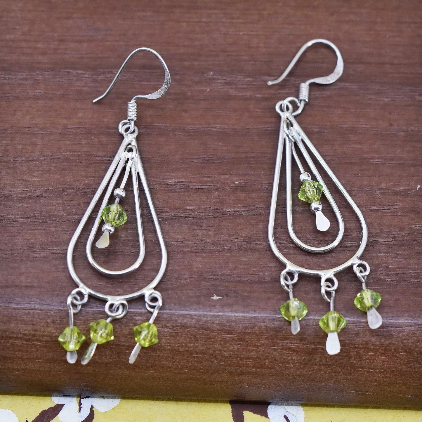 Vintage Sterling silver handmade earrings, 925 teardrop with peridot beads