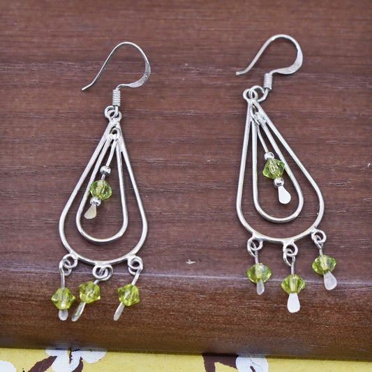 Vintage Sterling silver handmade earrings, 925 teardrop with peridot beads