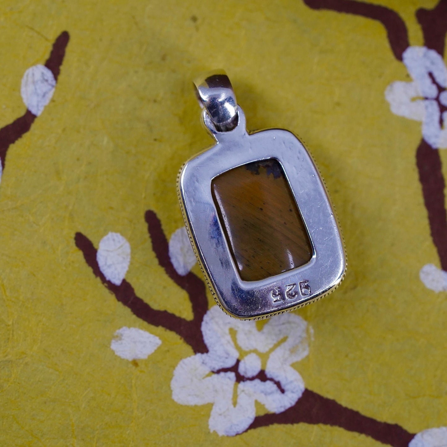 Vintage Sterling silver handmade pendant, Mexico 925 rectangle golden tiger eye