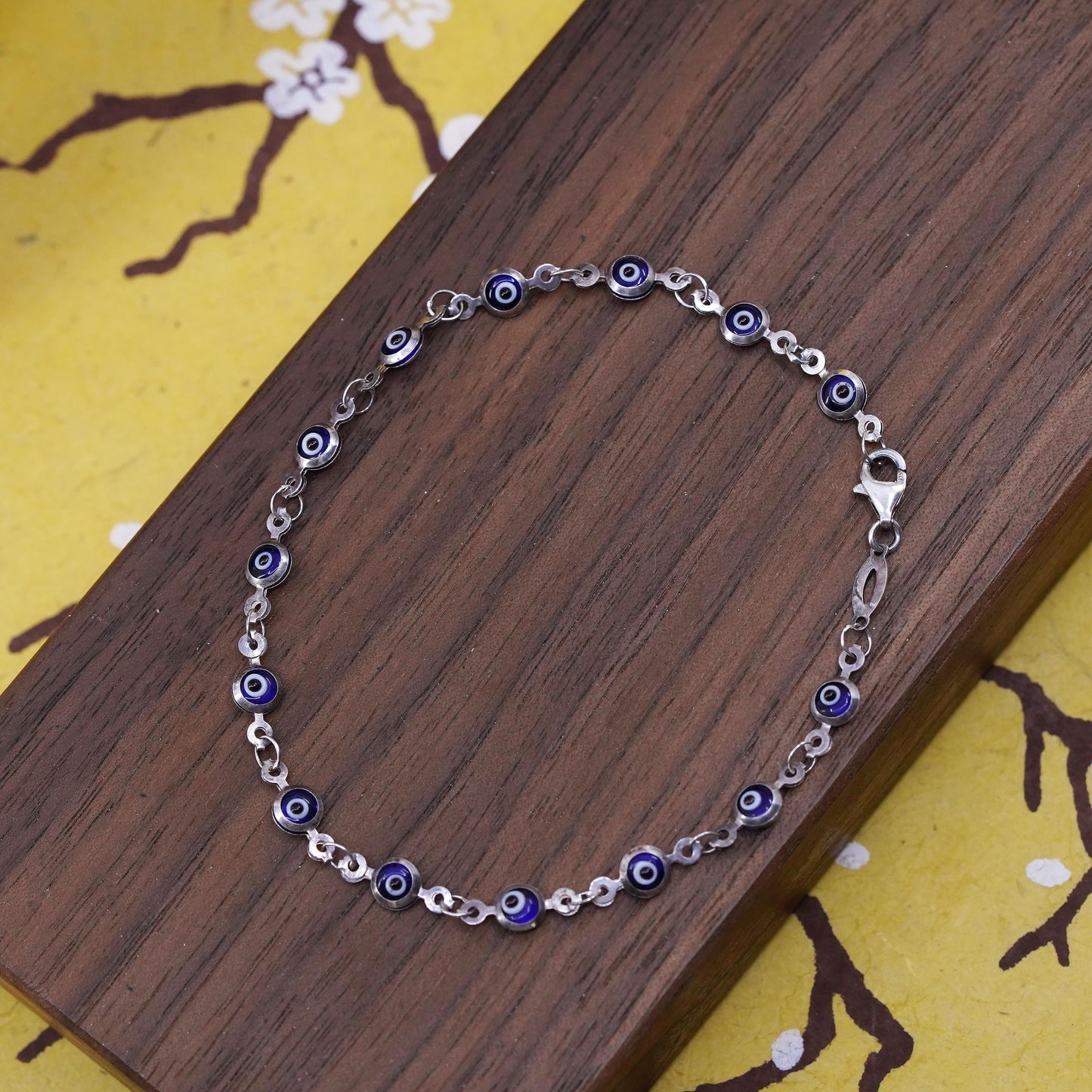 7.5", vintage sterling silver handmade bracelet, blue 925 evil eye beads