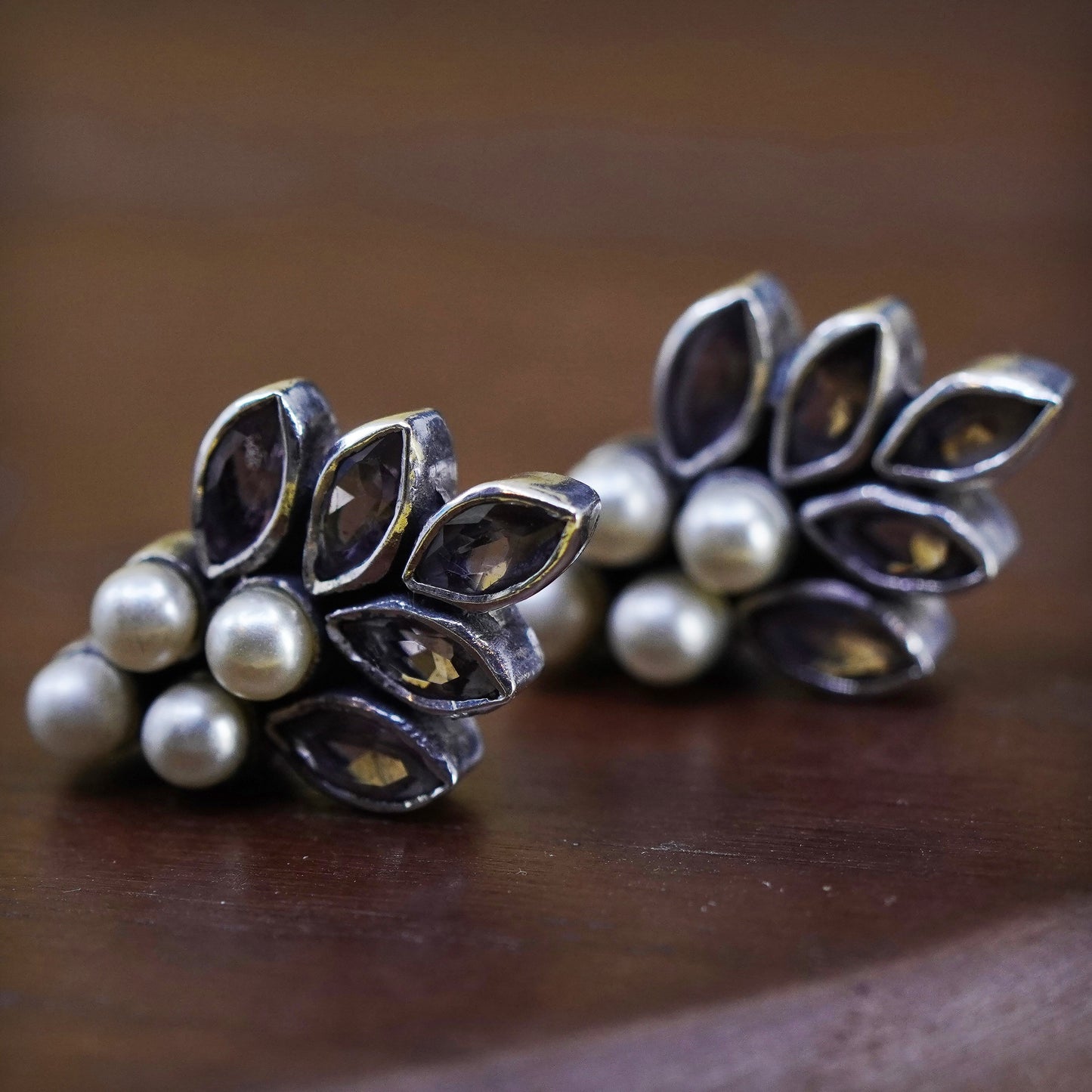 Vintage Sterling 925 silver amethyst studs, earrings with pearls