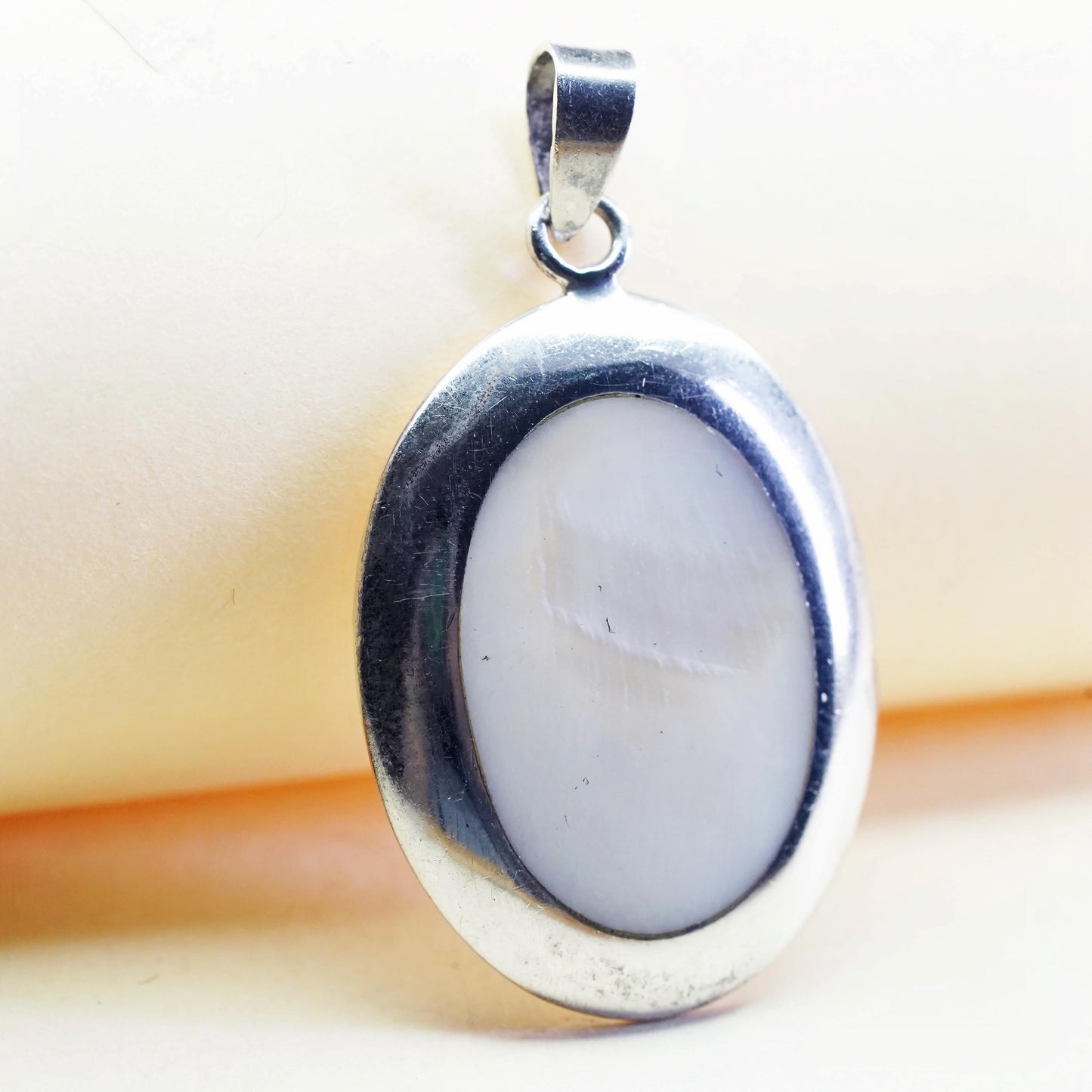 Vintage sterling silver handmade pendant, 925 oval pendant with mother of pearl