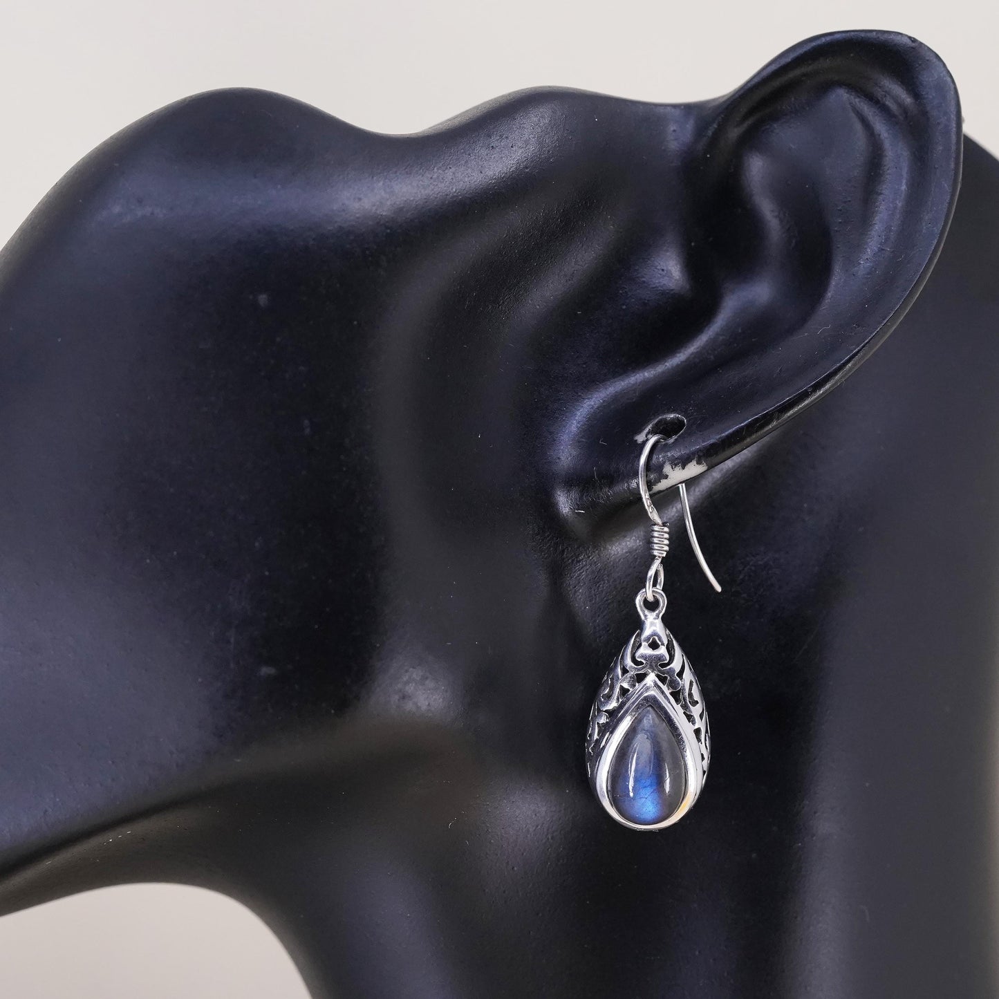 Vintage Sterling 925 silver filigree teardrop earrings with labradorite drops