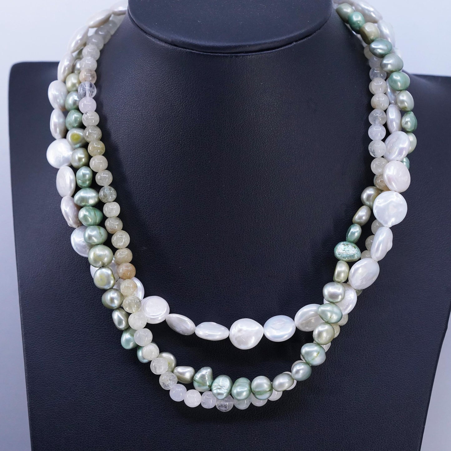 16", vintage multi strands coin pearl necklace with Sterling 925 silver clasp