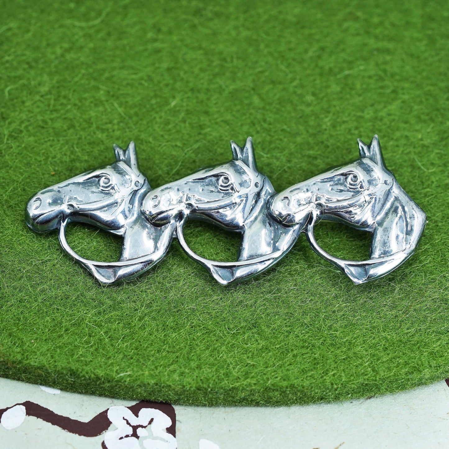 Vintage Lang sterling silver handmade brooch, solid 925 silver horses