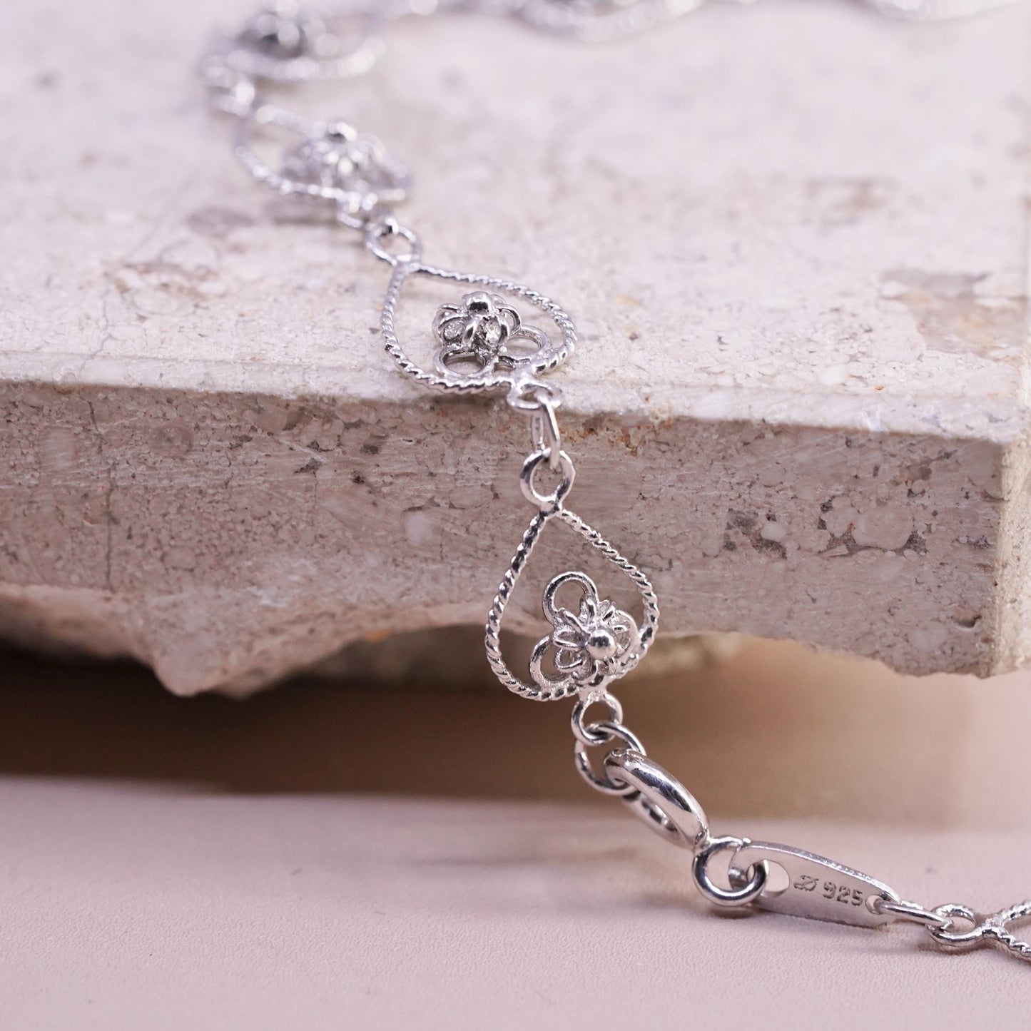 8.25", vintage sterling silver handmade bracelet, 925 filigree heart bracelet