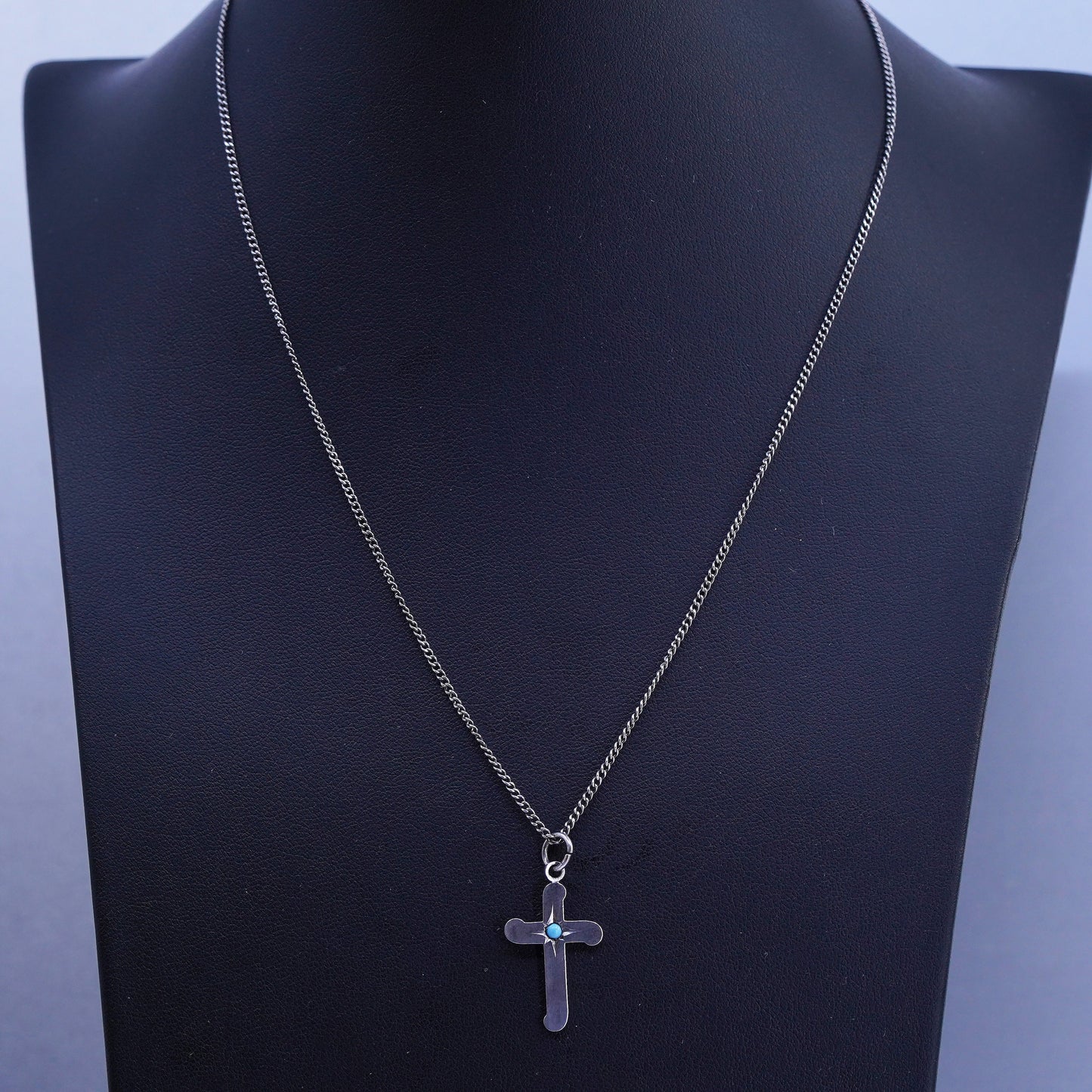 18”, VTG Sterling 925 silver curb chain necklace with turquoise cross pendant