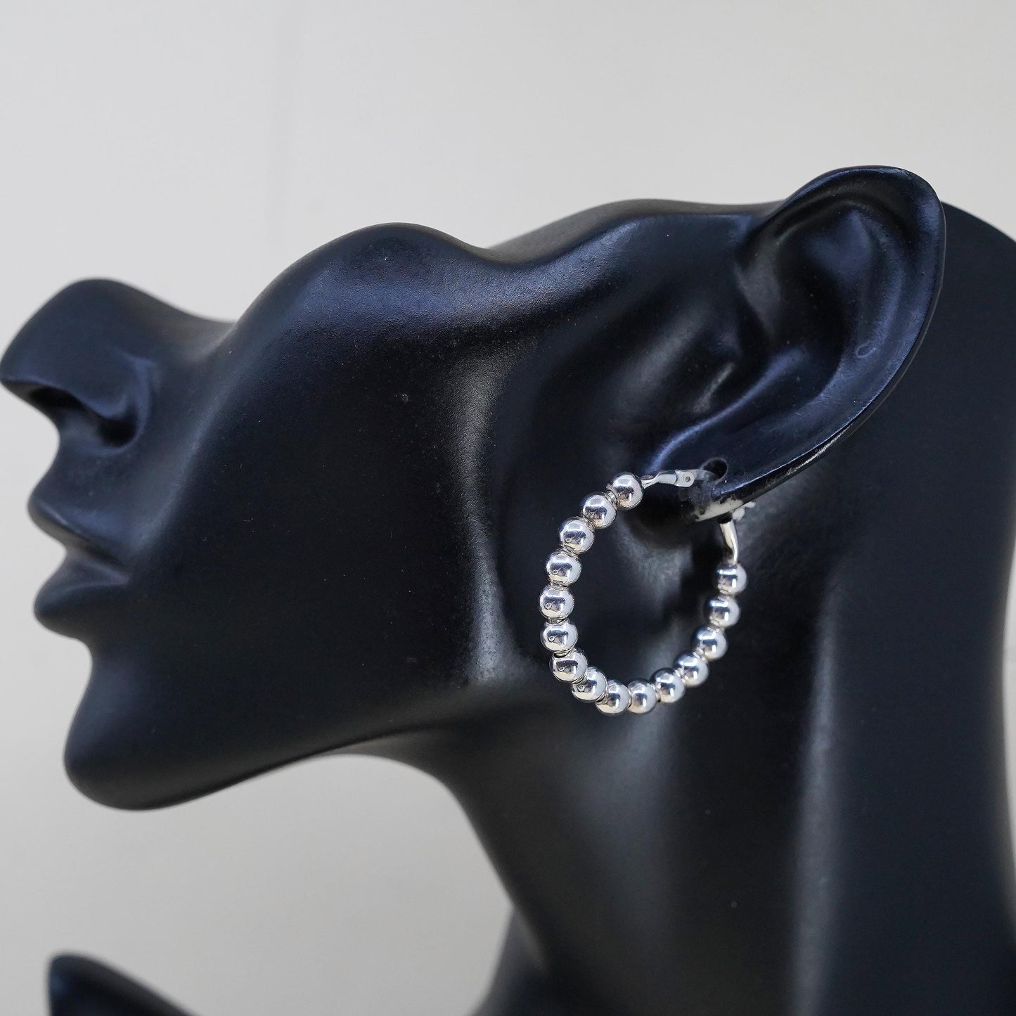 1.25”, Vintage sterling 925 silver loop handmade earrings, beaded hoops