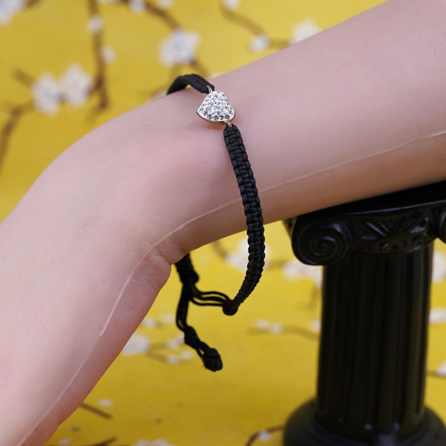 8", black linen thread bracelet with Sterling 925 silver heart charm cluster cz