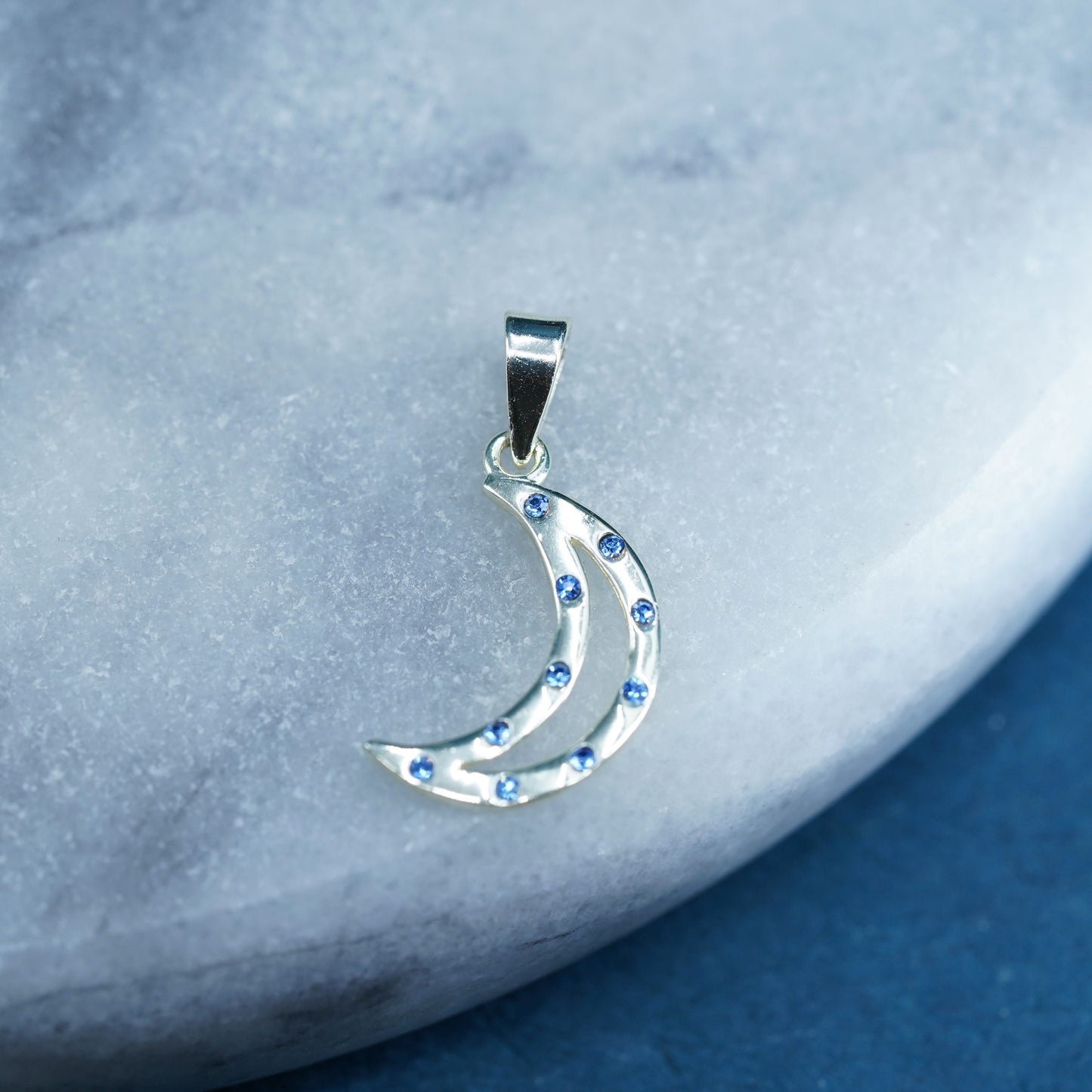 Vintage sterling silver handmade pendant, 925 moon charm with blue crystal