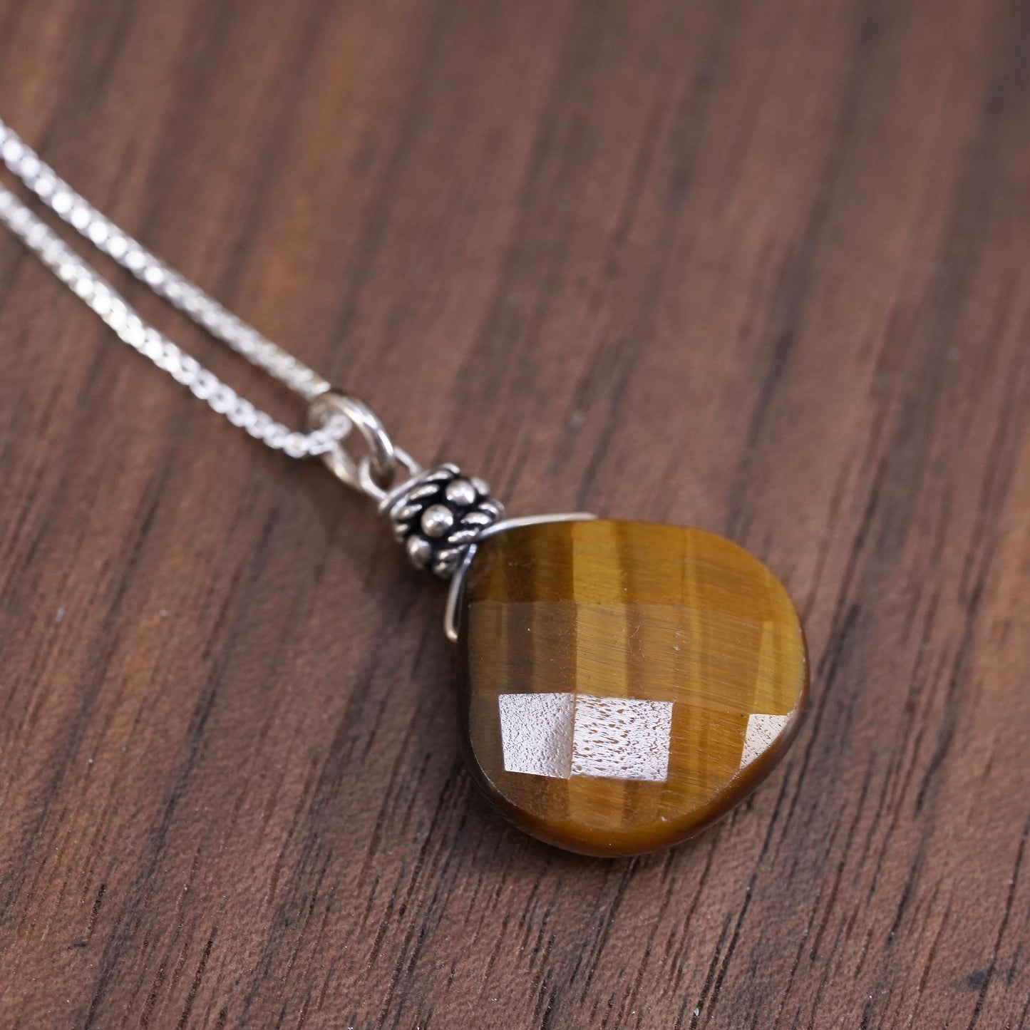 16", vintage Sterling silver box chain necklace 925 golden tiger eye pendant