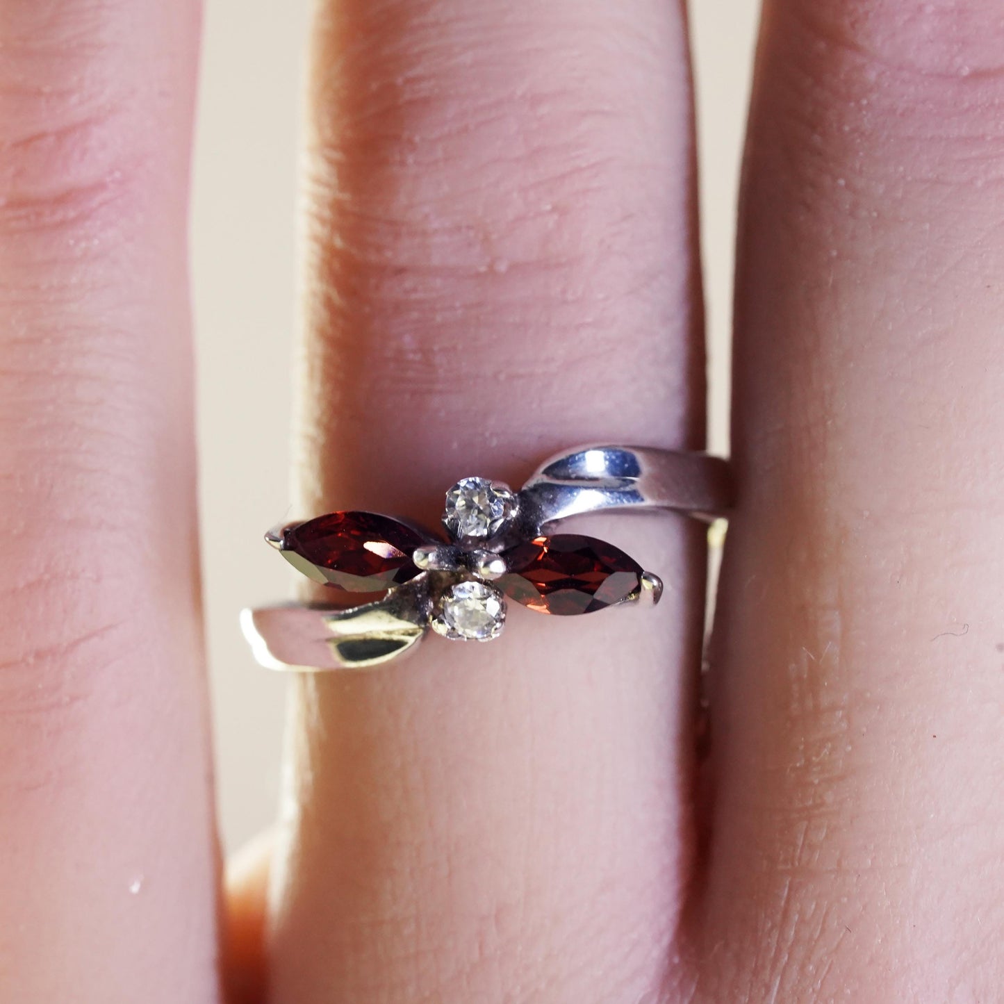 Size 8, vintage Sterling 925 silver statement ring with garnet and cz